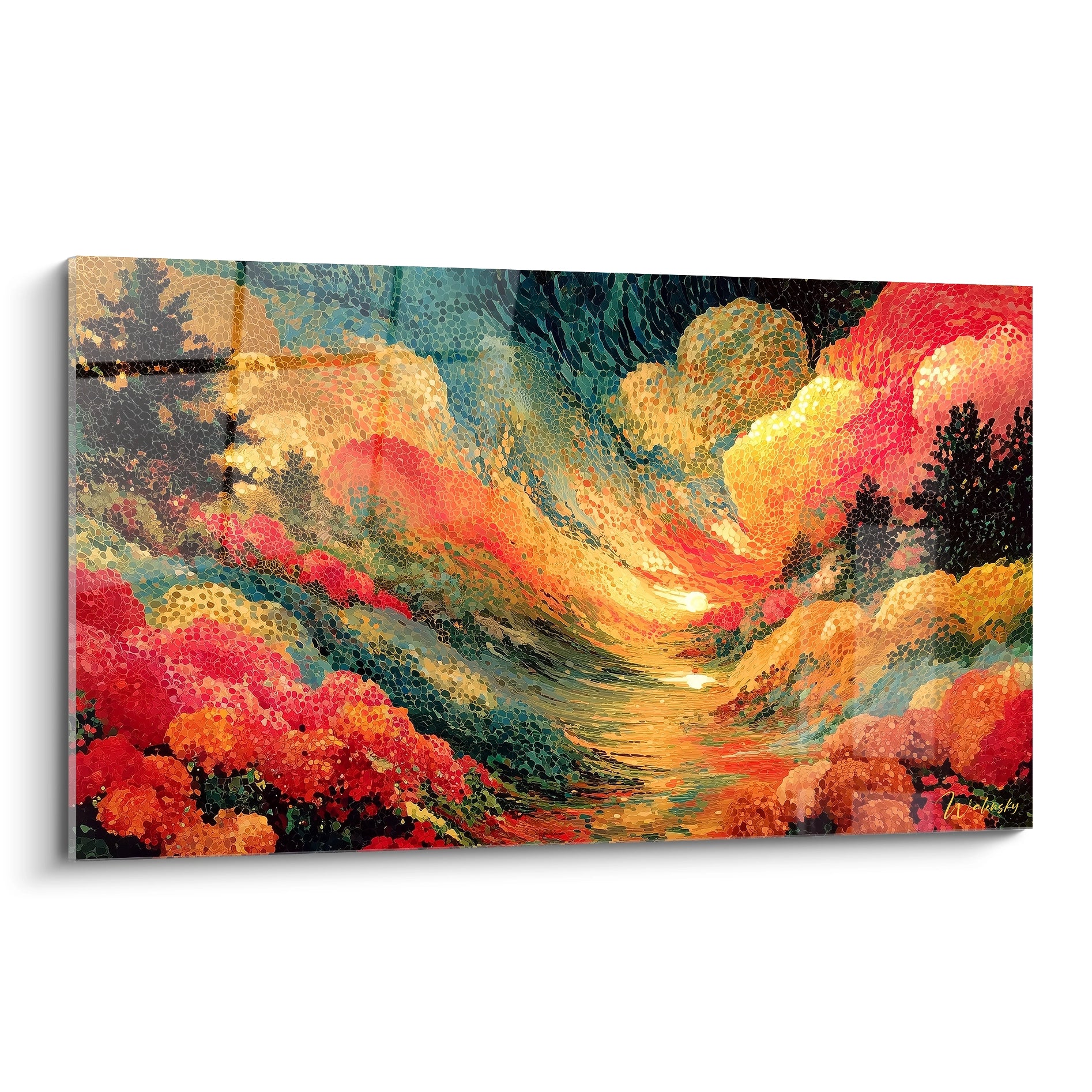 Walensky tableau paysage pointillisme aux couleurs vives sentier lumineux entre arbres et fleurs sur toile panoramique