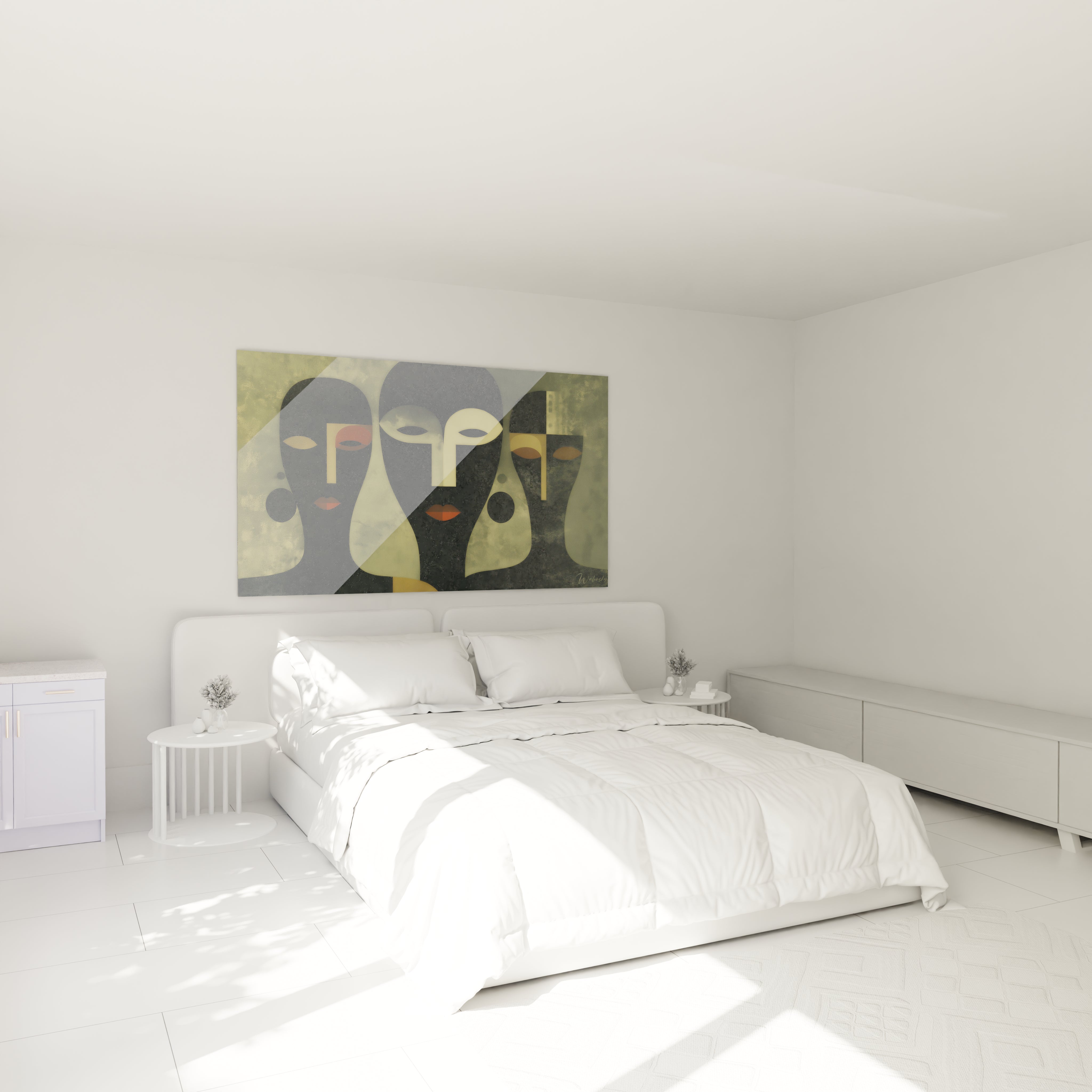 tableau art tribal moderne Walensky accroché au dessus d un lit double blanc dans une chambre minimaliste
