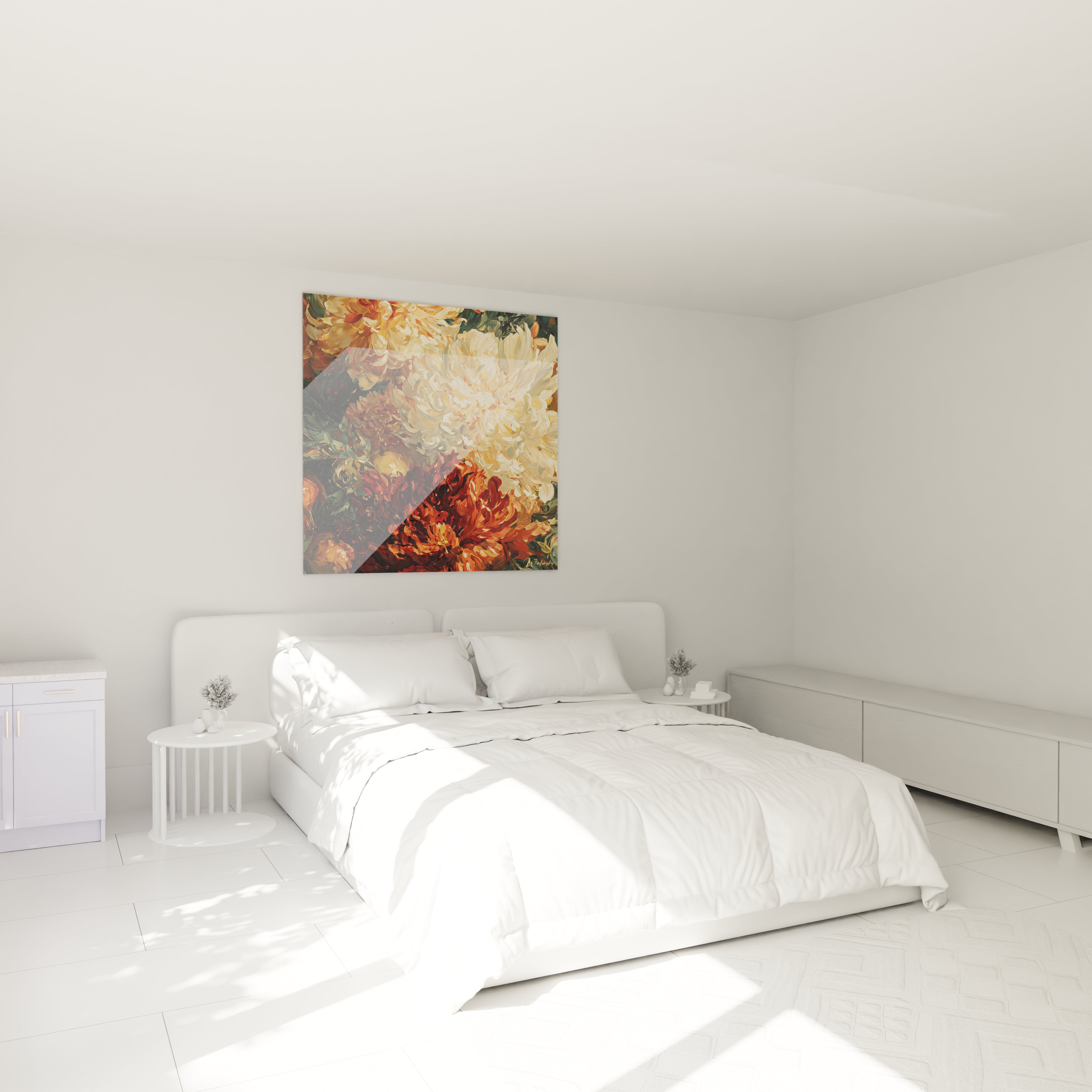 Walensky tableau fleurs renaissance carre aux tons chauds accroche au dessus d un lit blanc minimaliste