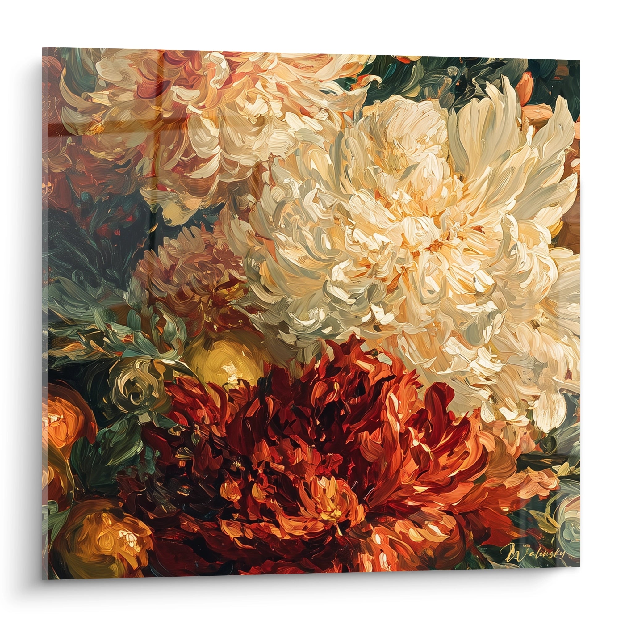 Tableau mural Walensky tableau fleurs renaissance toile imprimée grands chrysanthèmes crème et rouge profond décoratif