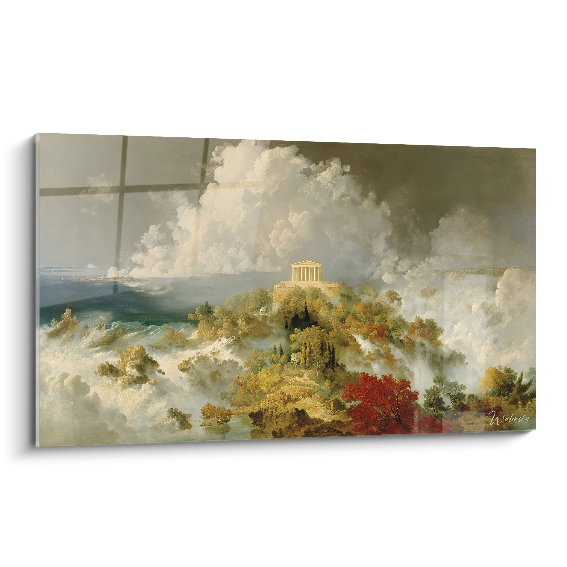 tableau temple antique Walensky représentant un paysage panoramique avec temple classique sur une colline brumeuse