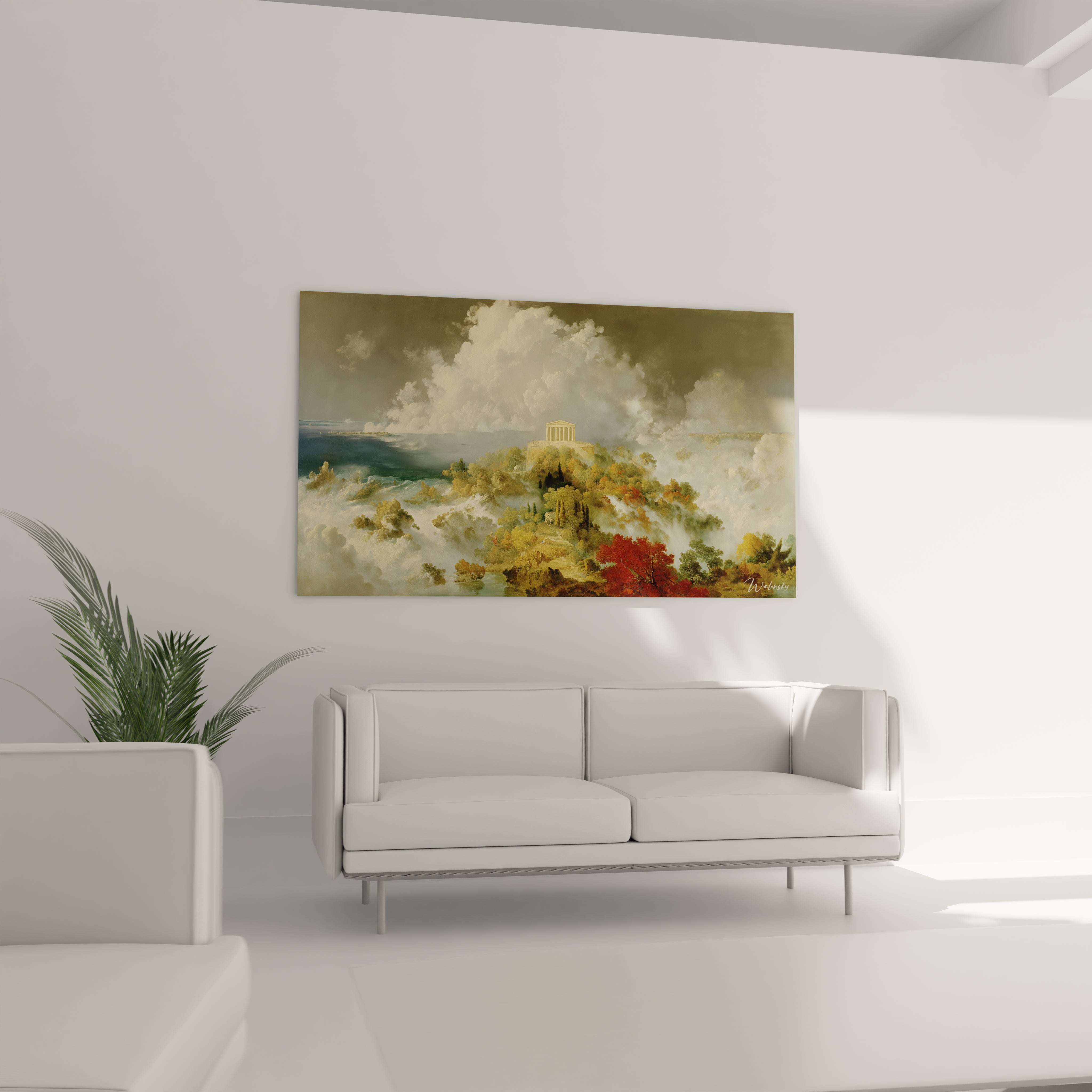 Tableau mural Walensky tableau temple antique montrant un temple sur une colline dans un ciel nuageux au dessus d un canape