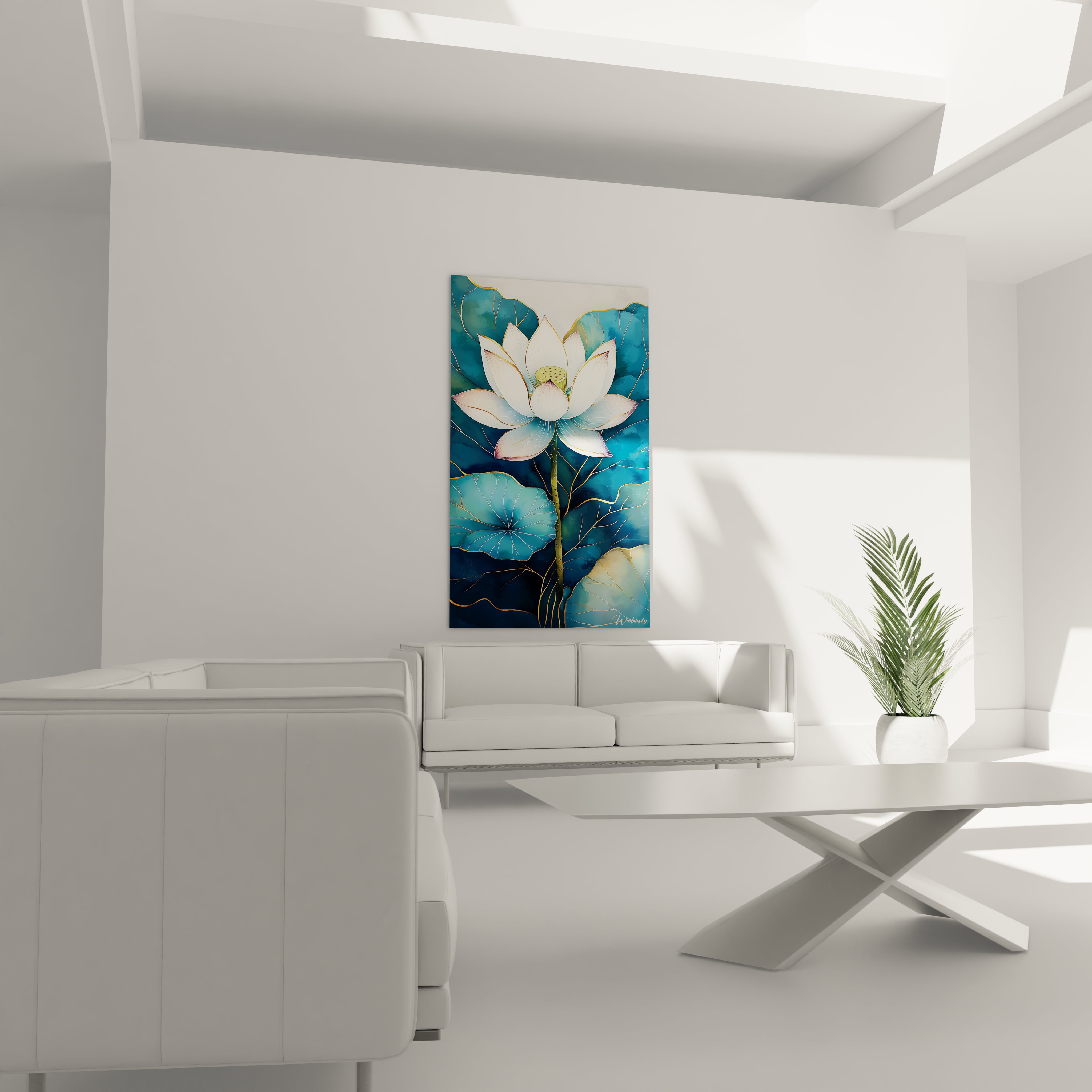 Tableau lotus zen Walensky avec fleur de lotus blanche et feuilles bleues dans un salon moderne lumineux
