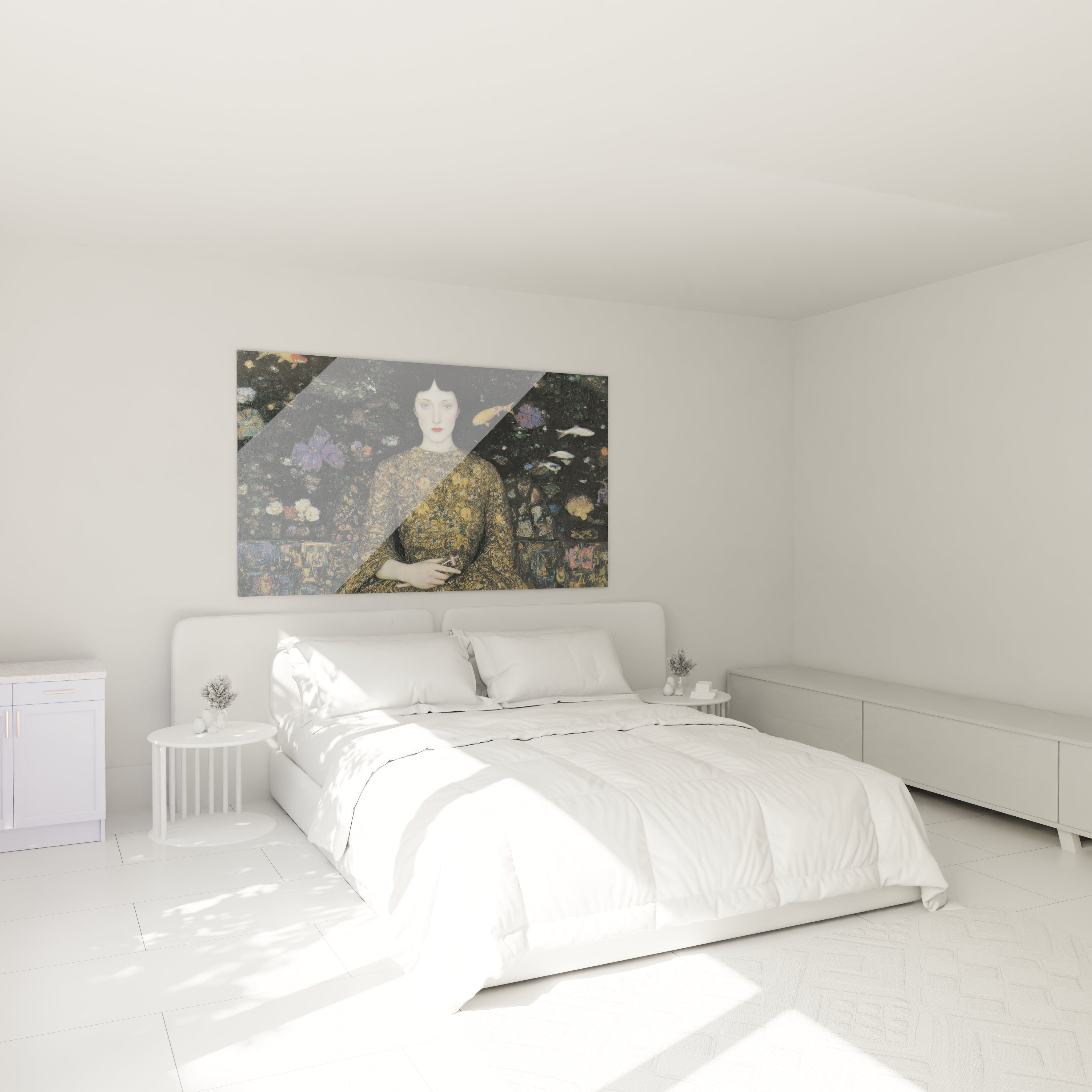 tableau femme symboliste mural Walensky accroché au dessus du lit blanc dans une chambre minimaliste