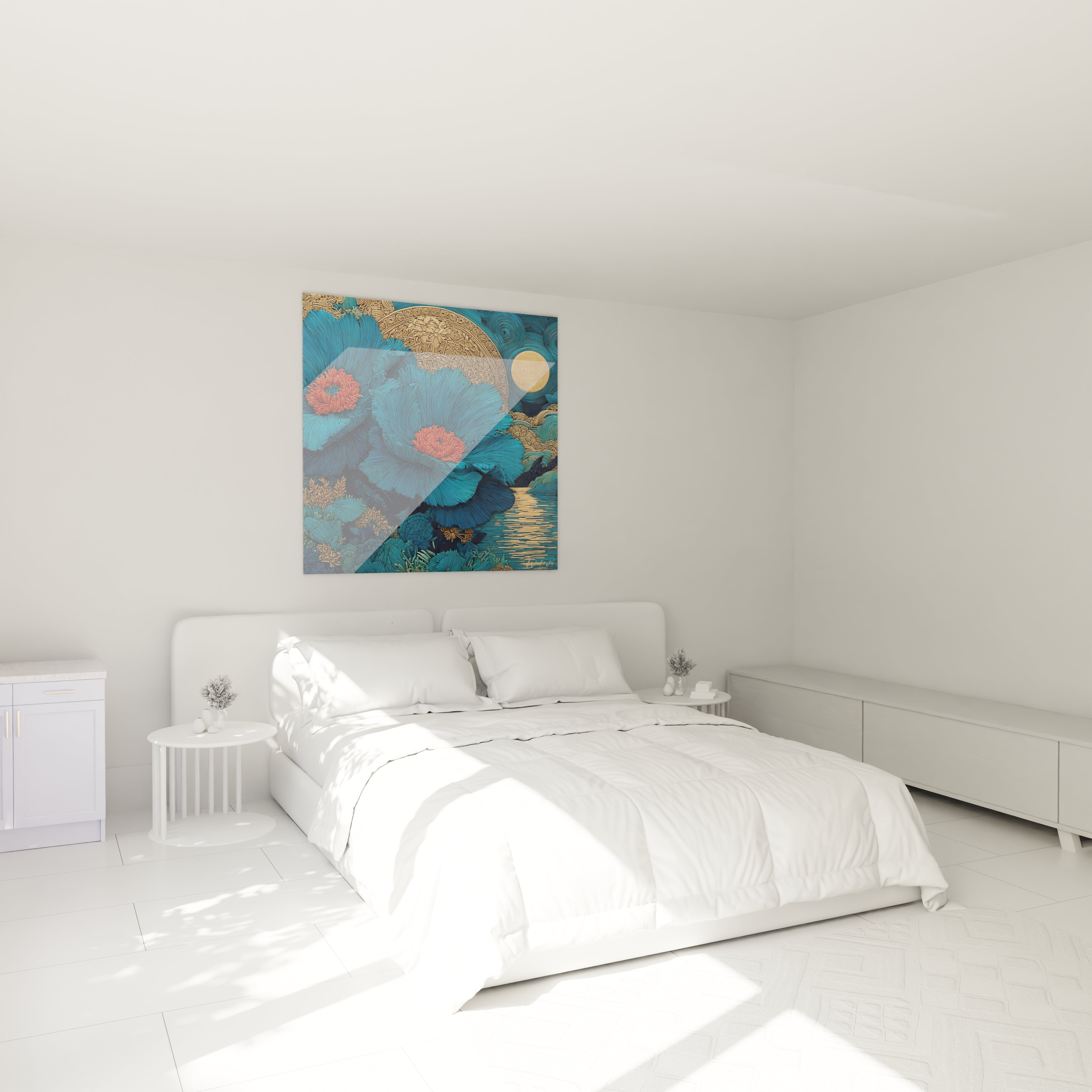 tableau fleurs bleues art nouveau Walensky accroche au dessus d un lit blanc minimaliste dans chambre lumineuse