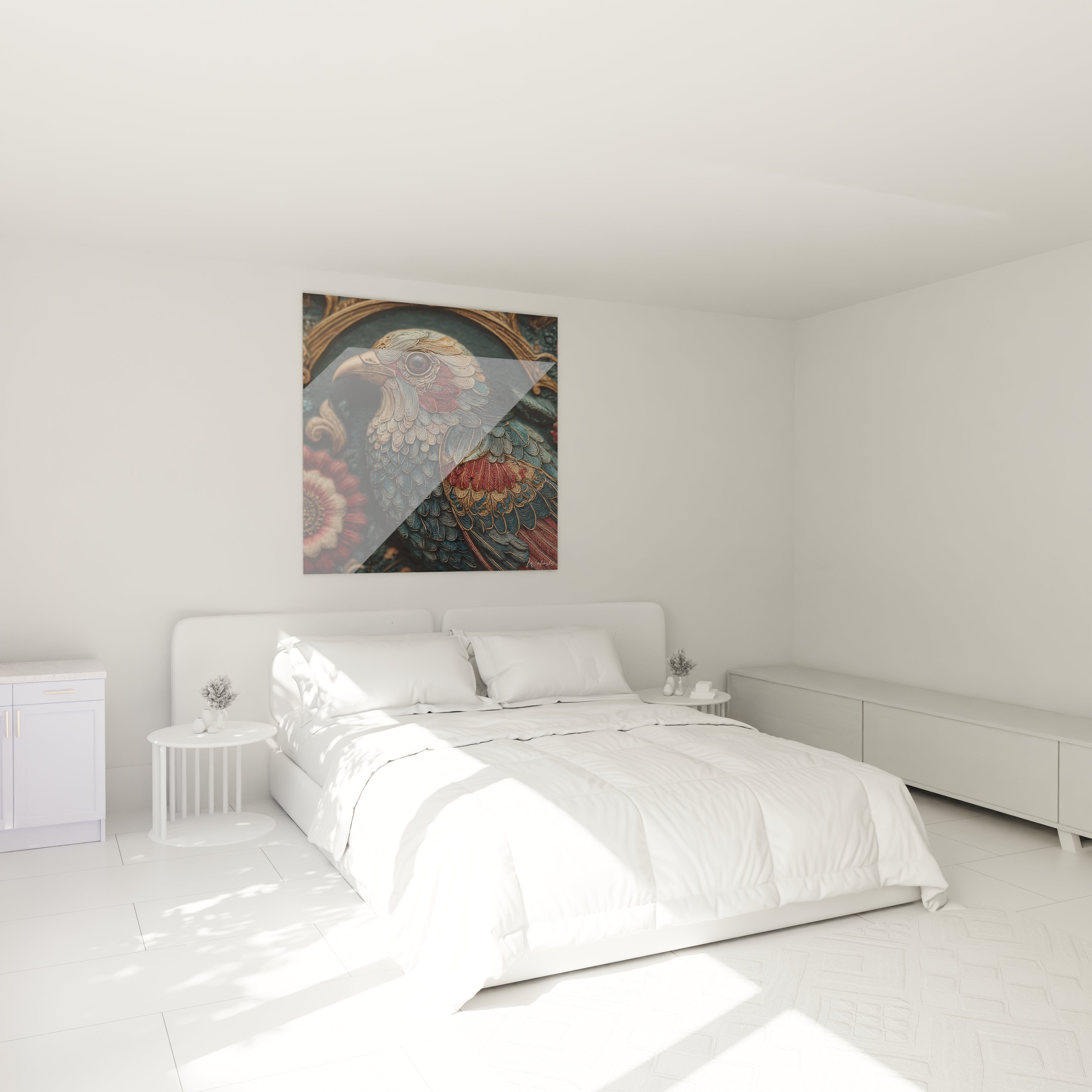Tableau mural Walensky montrant un tableau oiseau art nouveau stylise avec motifs floraux accroche au dessus d un lit blanc