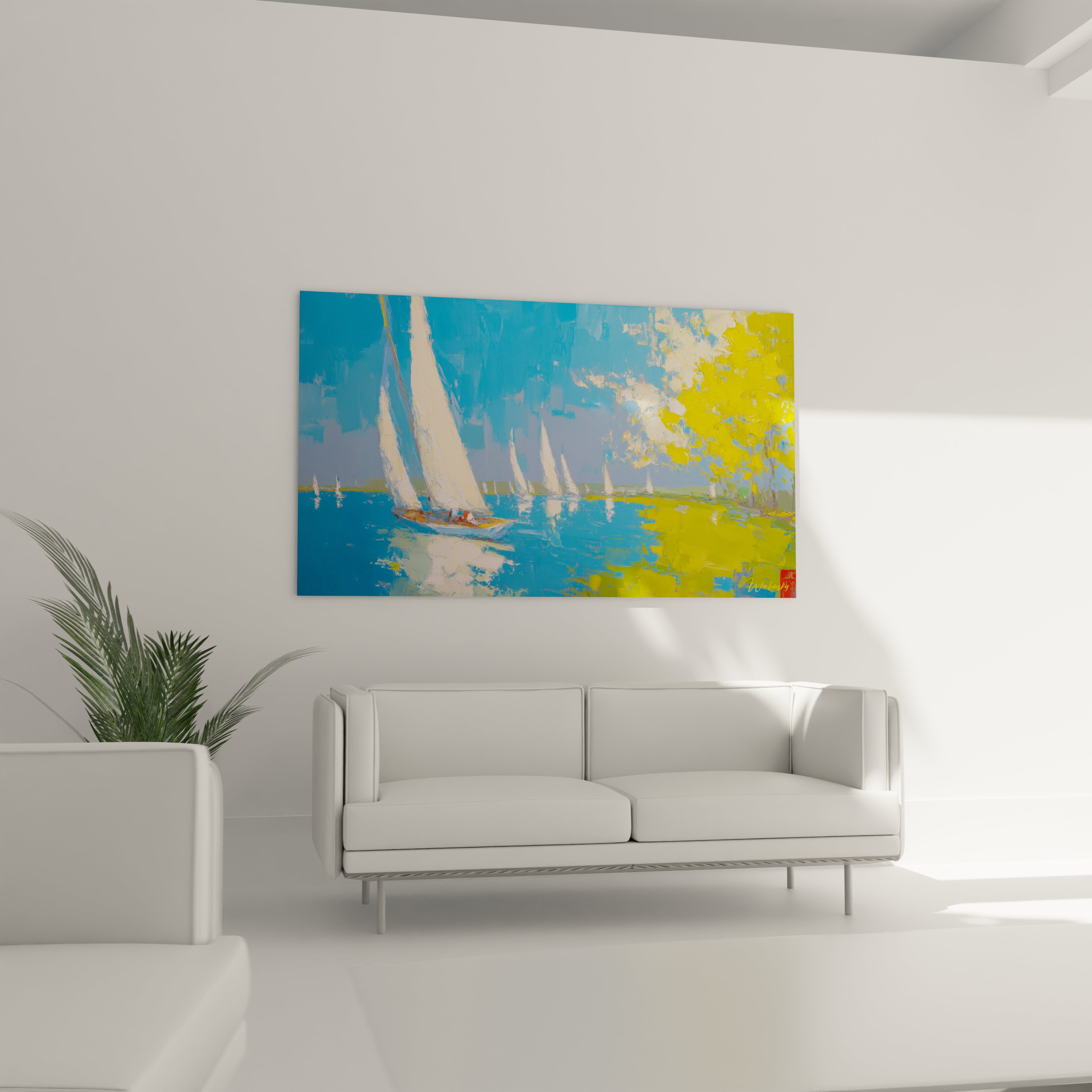 Walensky tableau voiliers impressionniste sur toile bleue et jaune accroche au dessus d un canape blanc dans un salon moderne