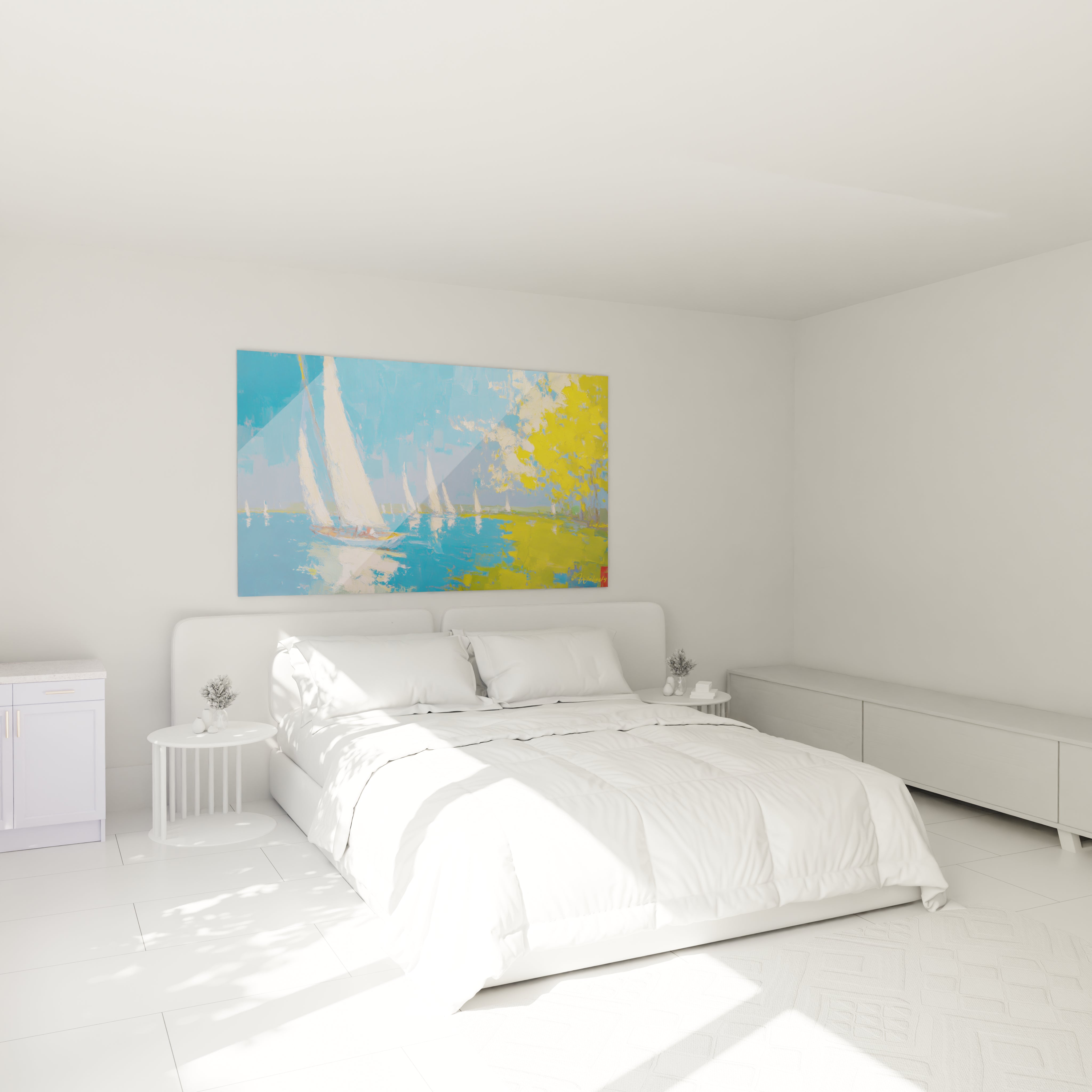 Walensky tableau voiliers impressionniste grand format au dessus du lit blanc minimaliste dans une chambre lumineuse