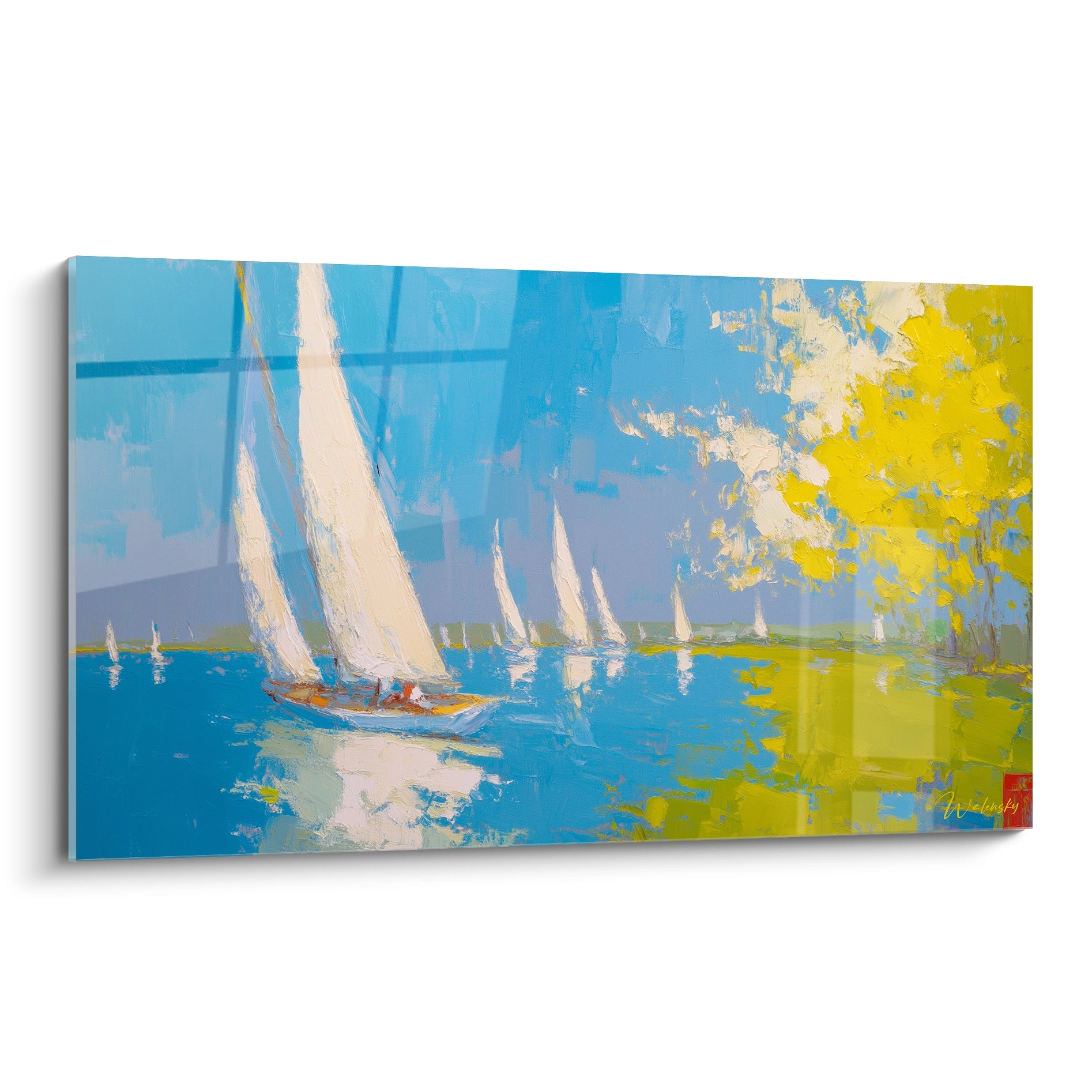 tableau voiliers impressionniste Walensky tableau mural panoramique voiliers blancs sur mer bleue et arbres jaunes