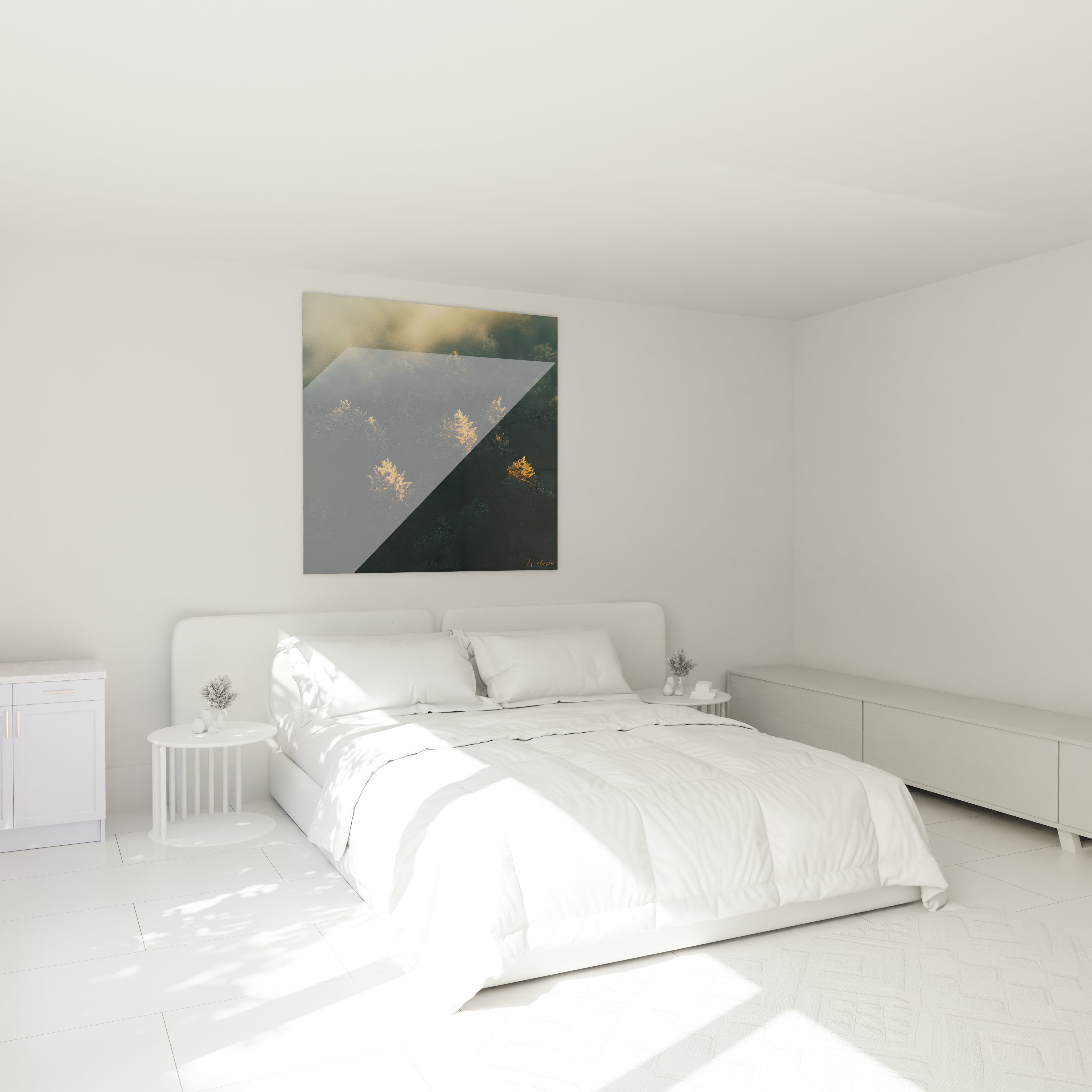 Tableau forêt Walensky accroché au-dessus d'un lit blanc dans une chambre minimaliste et lumineuse