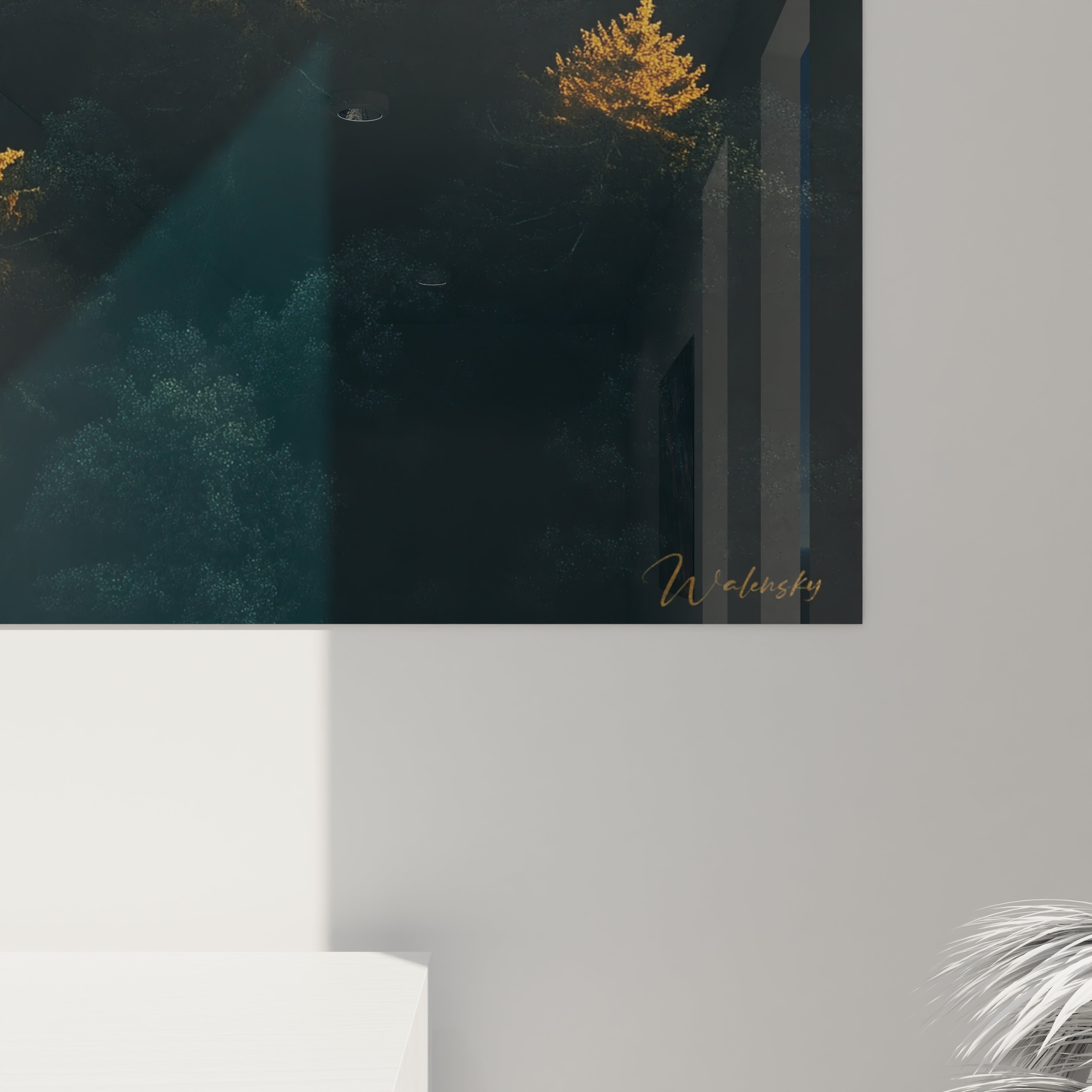 Tableau forêt Walensky montrant arbres sombres avec un seul arbre jaune illuminé en coin