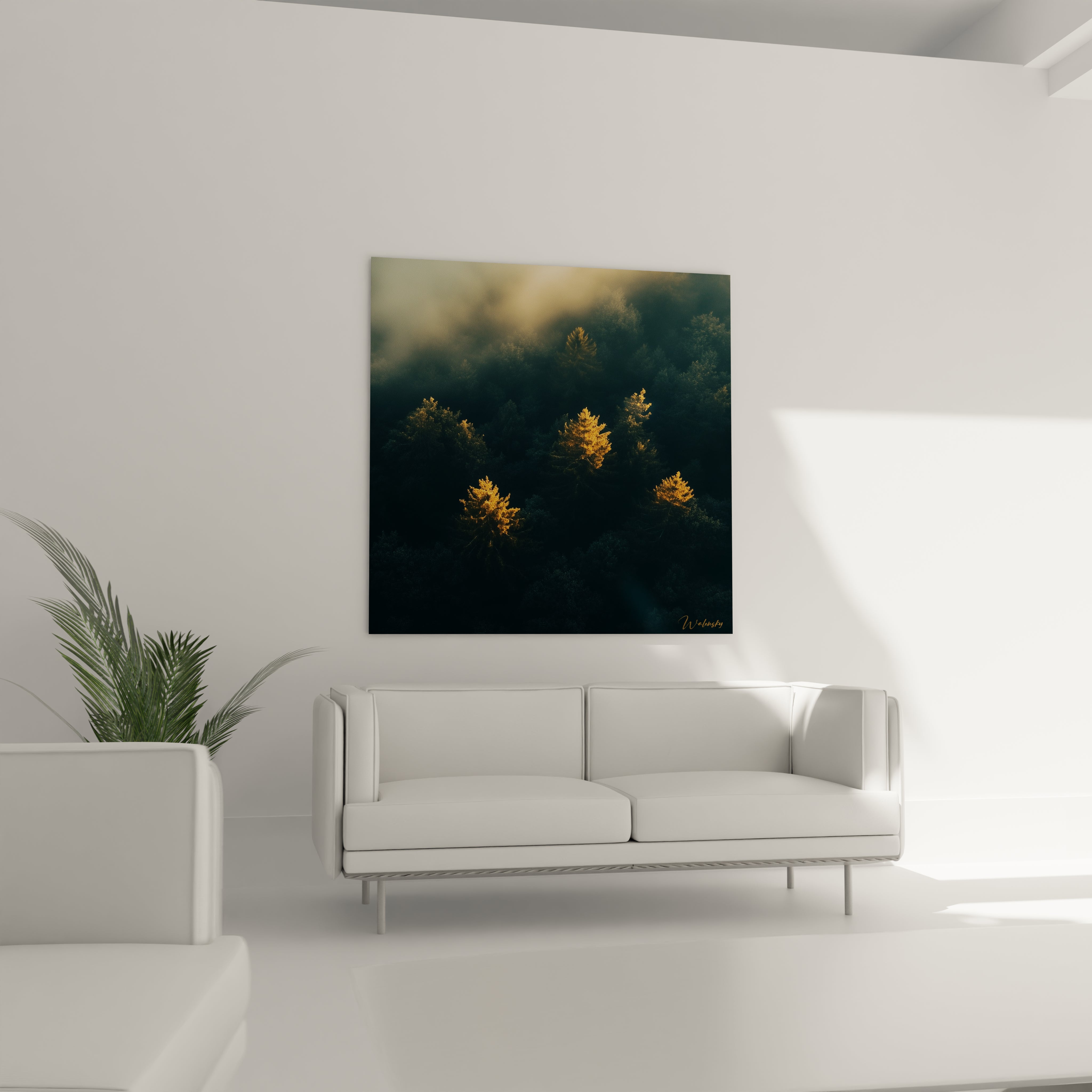 Tableau forêt Walensky représentant des arbres éclairés au soleil dans une pièce moderne avec canapé blanc