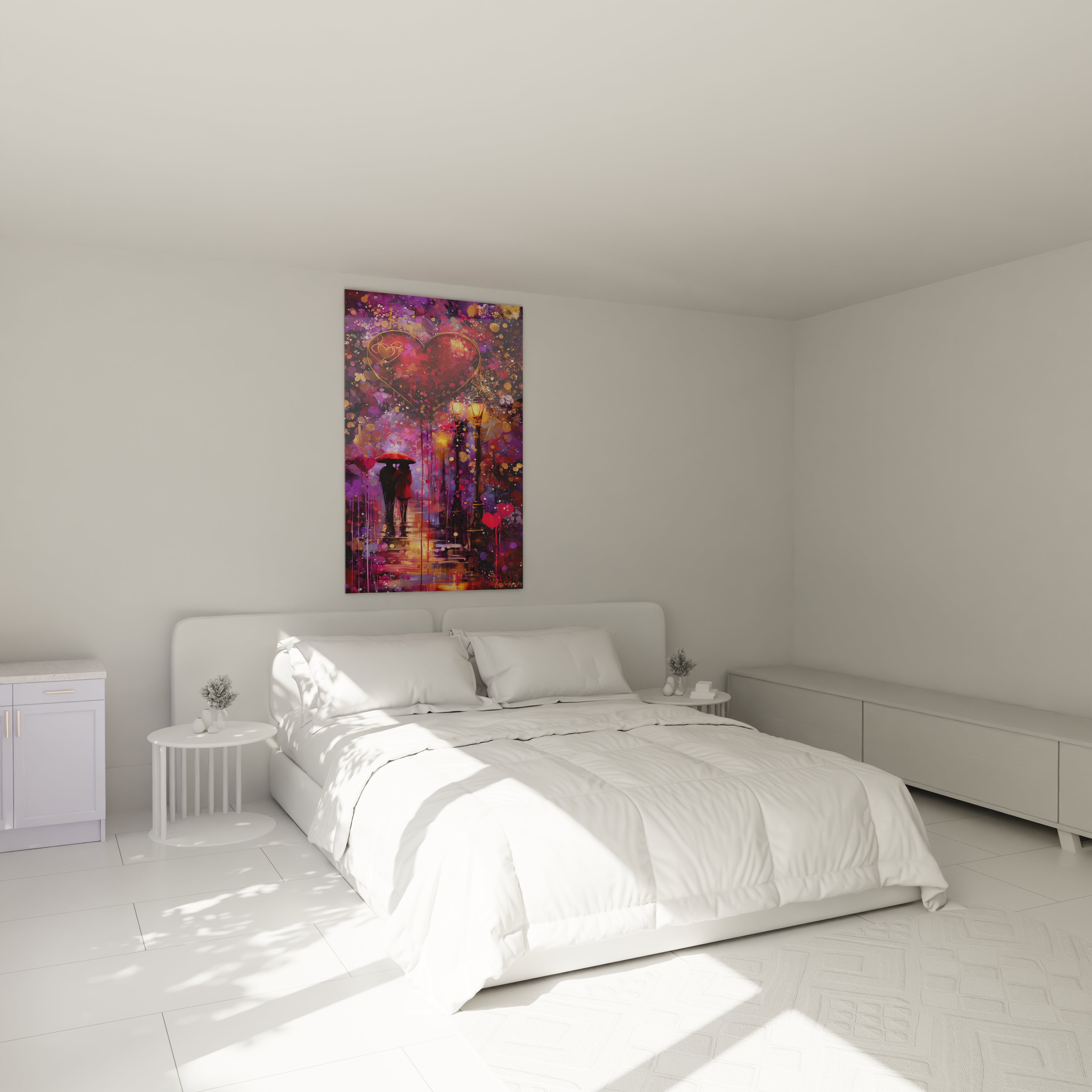 tableau couple amoureux saint valentin Walensky peinture colorée suspendue au dessus d un lit blanc dans une chambre moderne