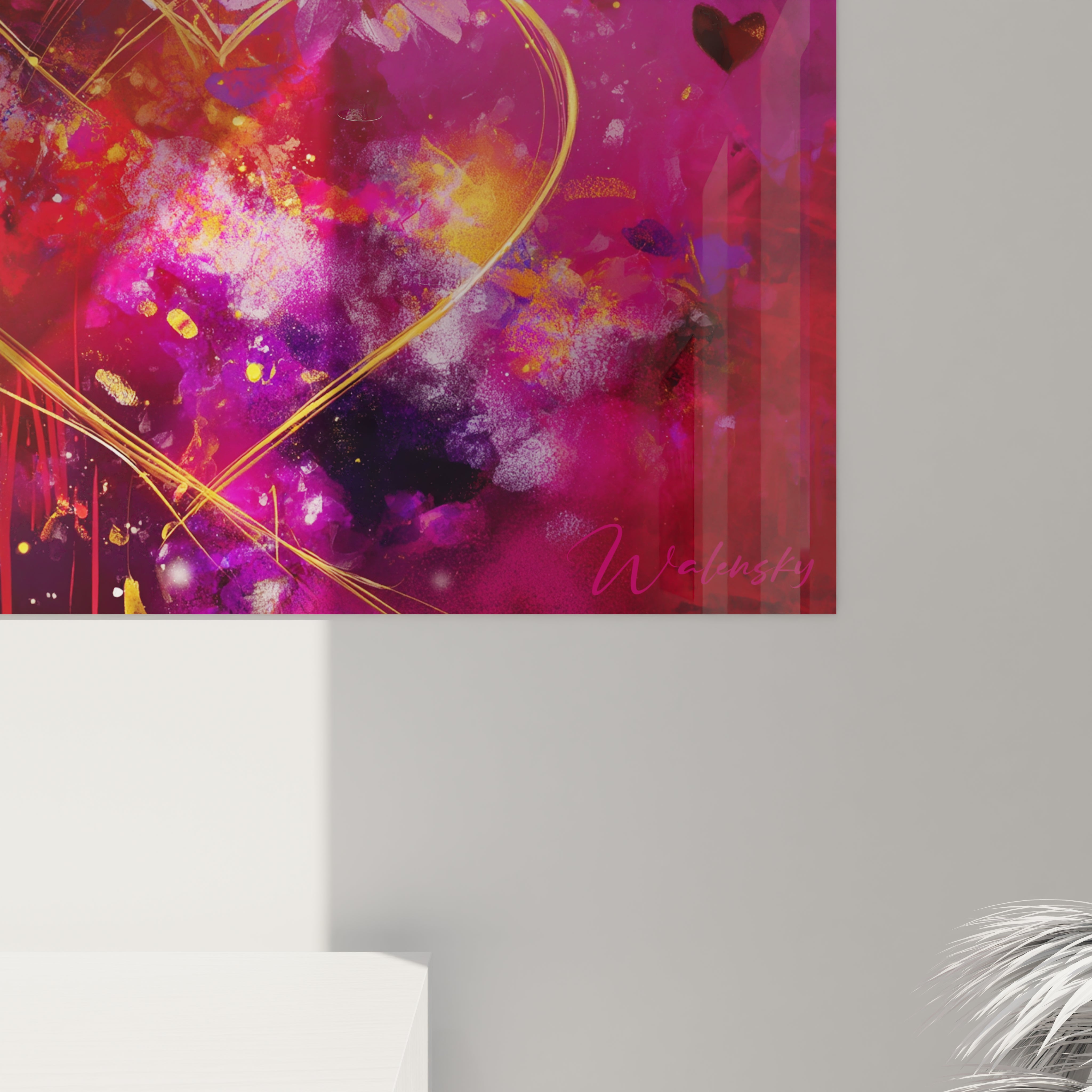 Tableau mural Walensky abstrait rose violet avec coeur doré décor mural moderne pour salon tableau saint valentin cœurs