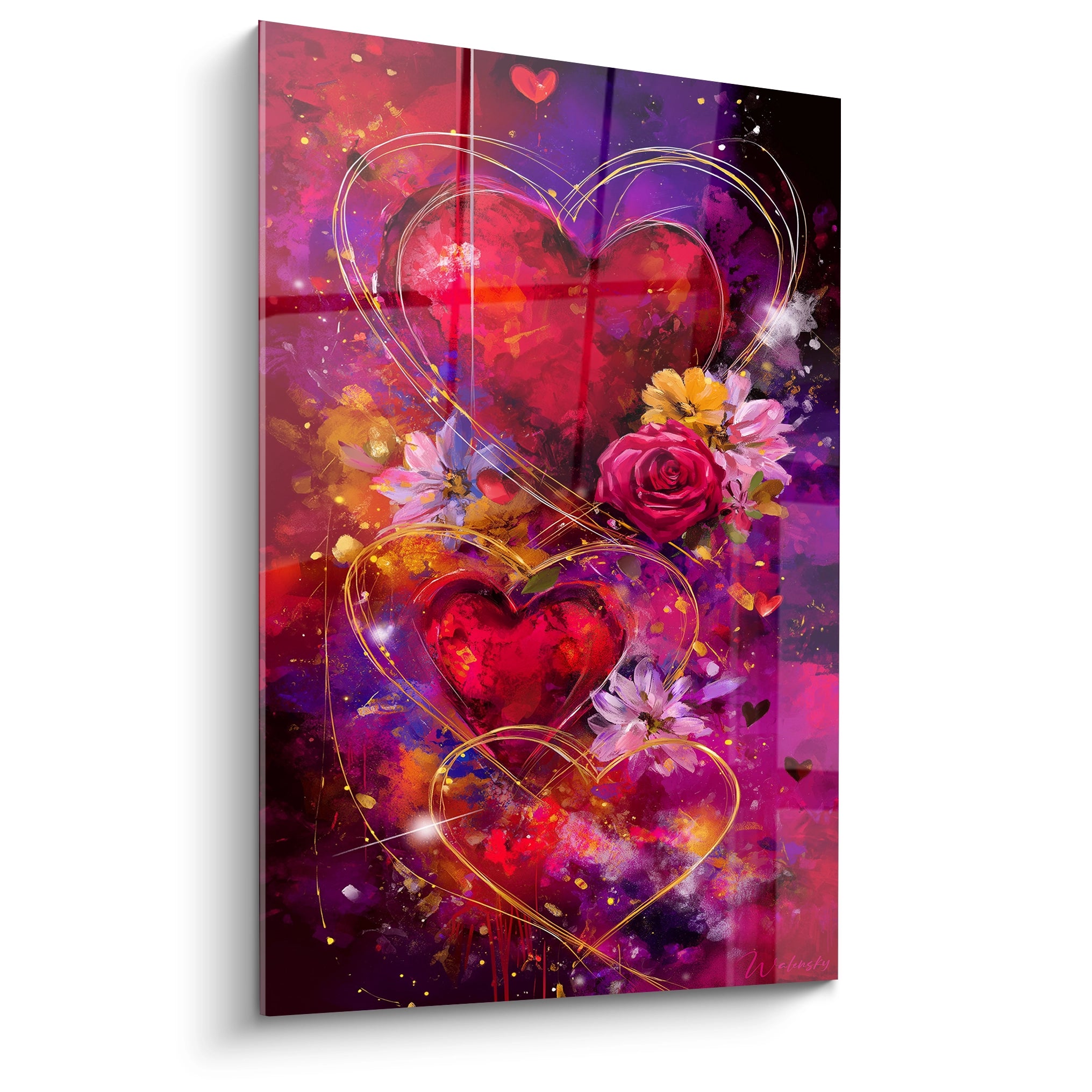Walensky tableau saint valentin cœurs avec trois cœurs rouges et fleurs roses sur fond violet
