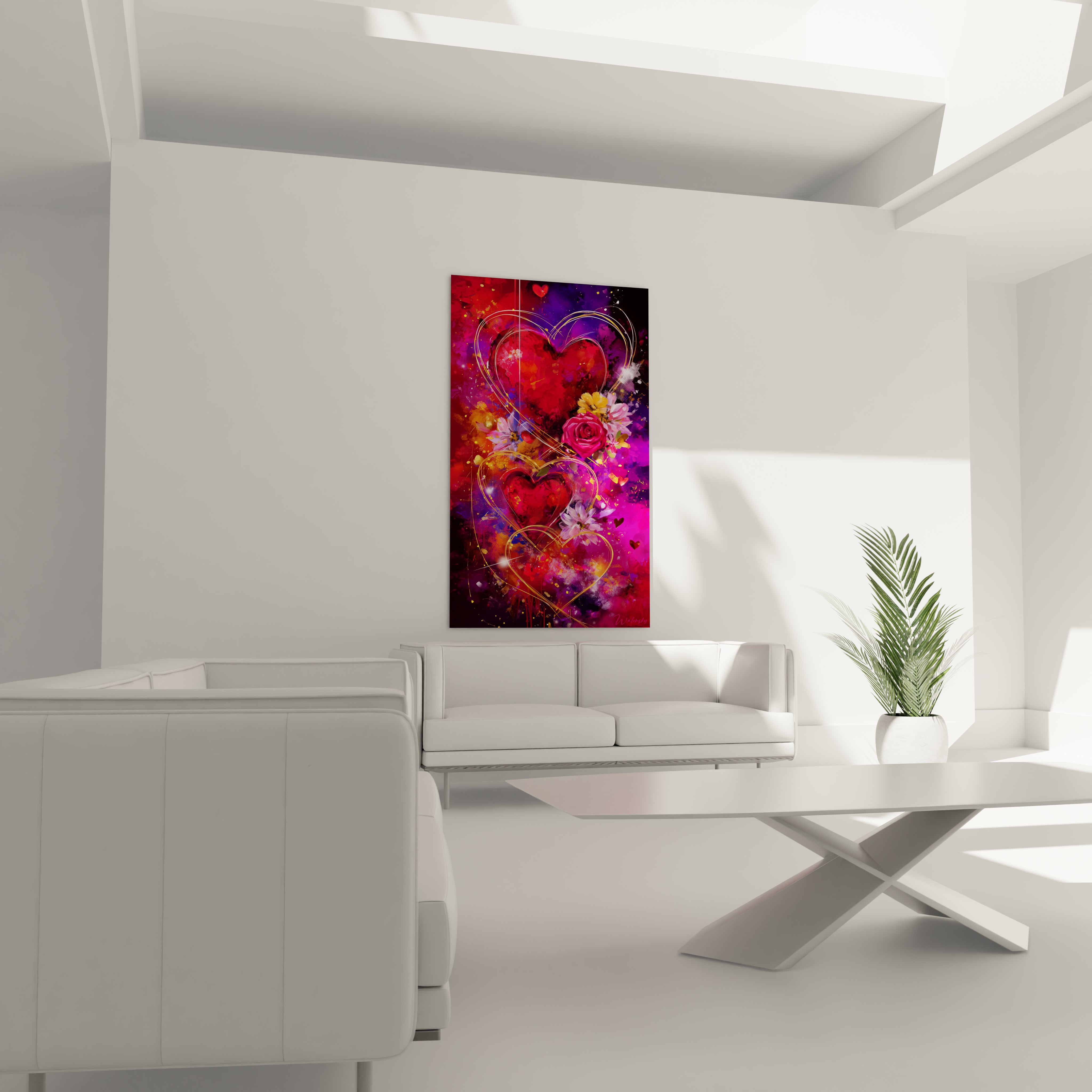 Tableau mural Walensky romantique rouge et rose avec roses et cœurs décoration salon tableau saint valentin cœurs