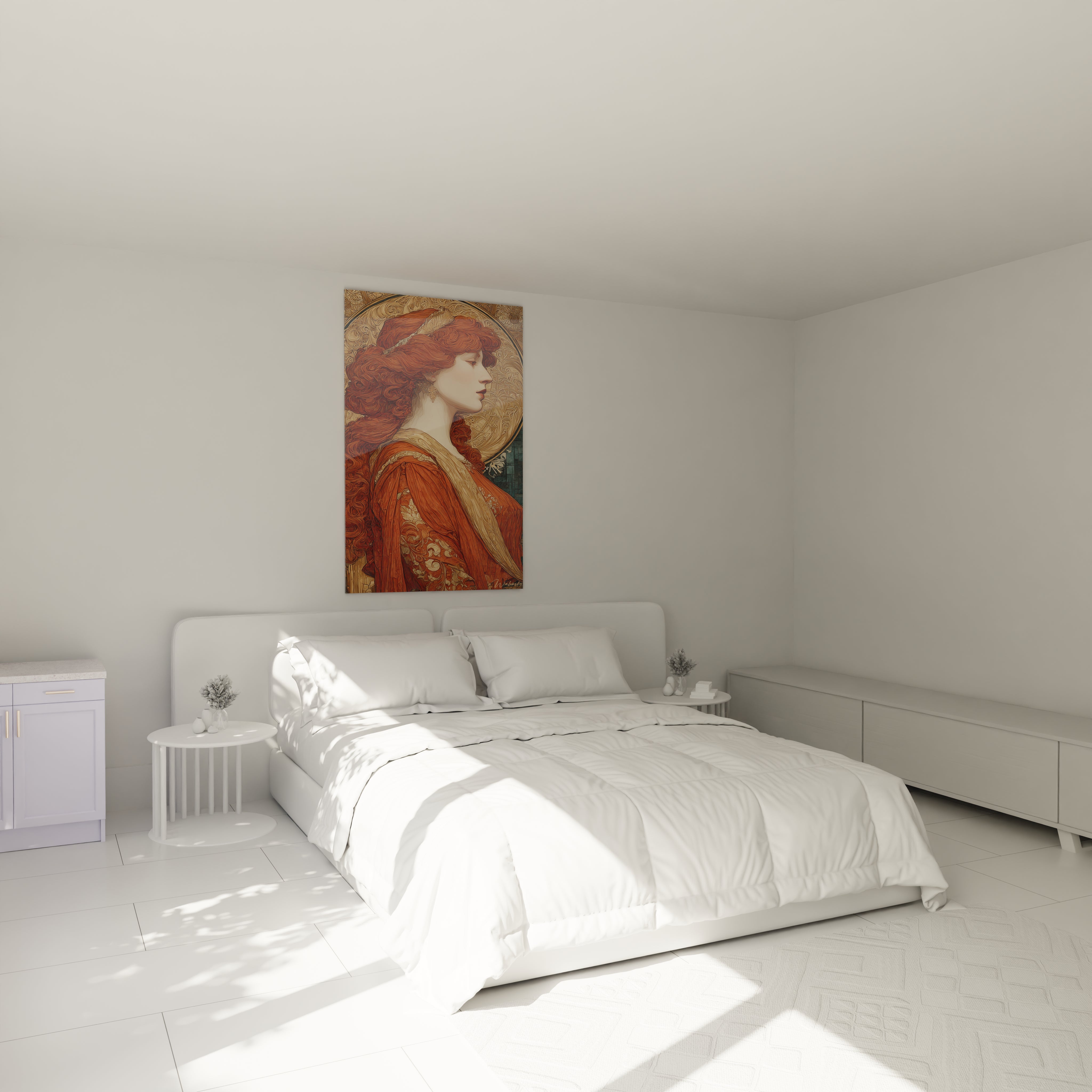 Walensky tableau femme art nouveau mural rouge et or portrait au dessus du lit dans chambre blanche minimaliste