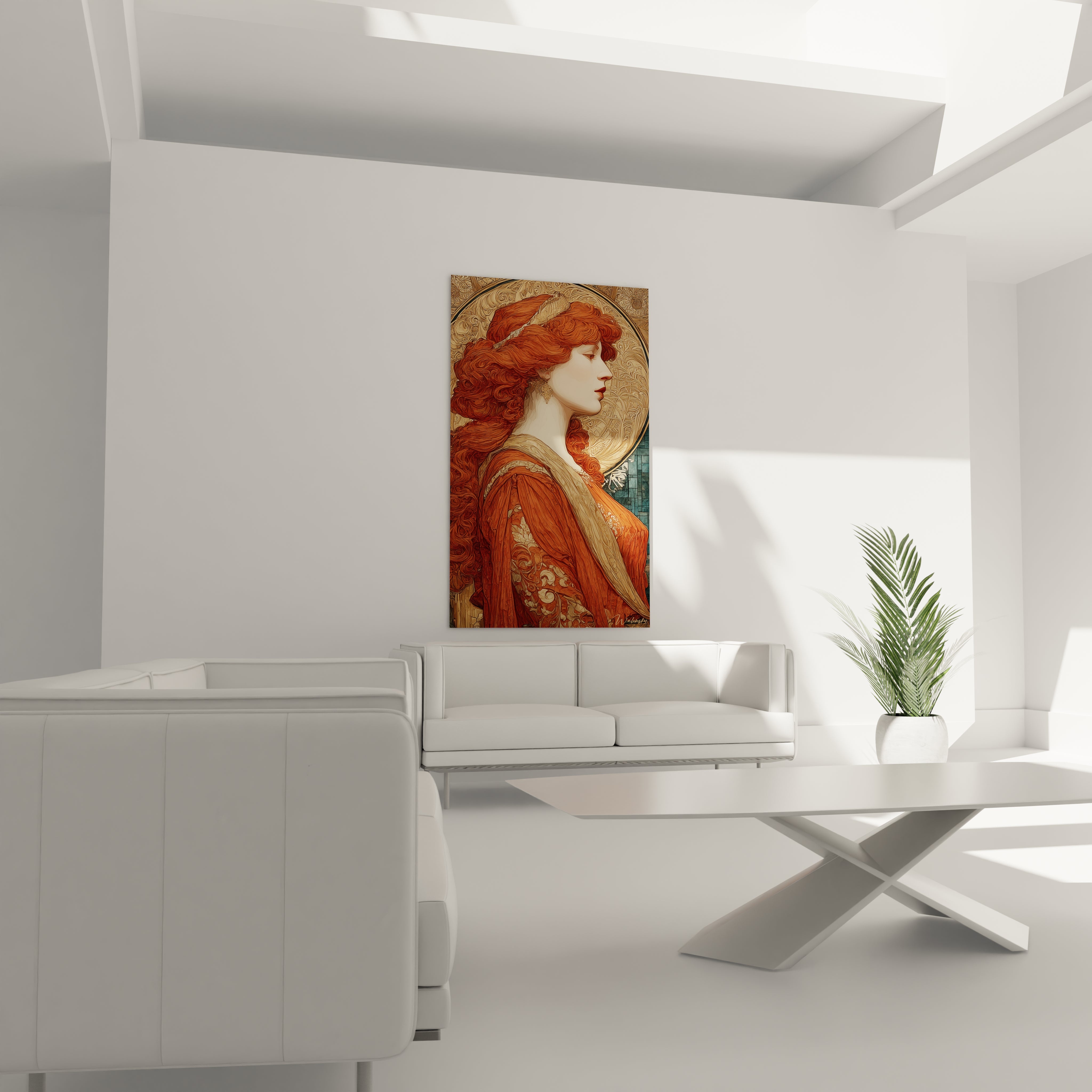 tableau femme art nouveau mural Walensky montrant une femme aux cheveux roux en portrait decoratif pour salon moderne