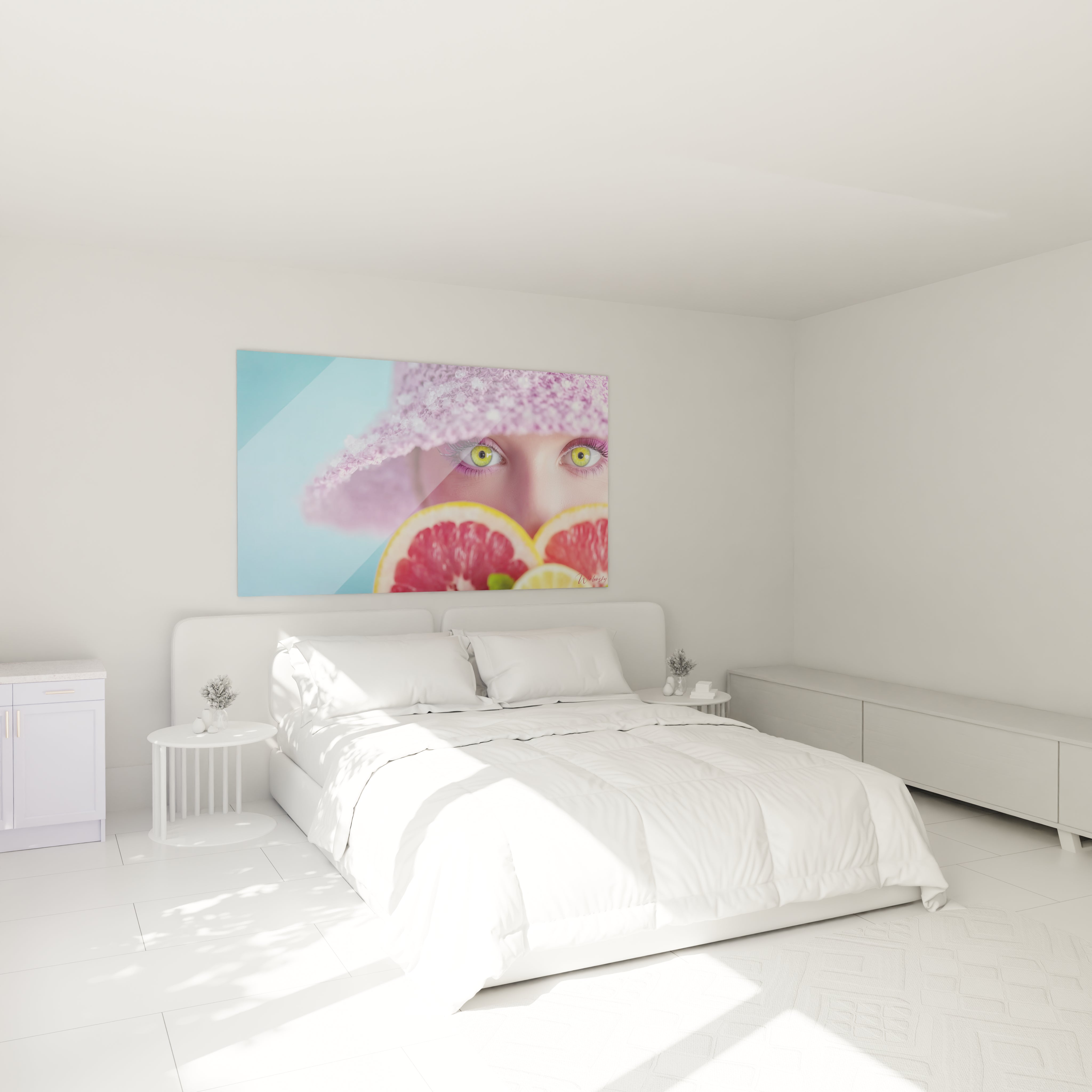 Walensky tableau mural femme moderne colore au dessus d un lit blanc minimaliste visage femme et pamplemousse