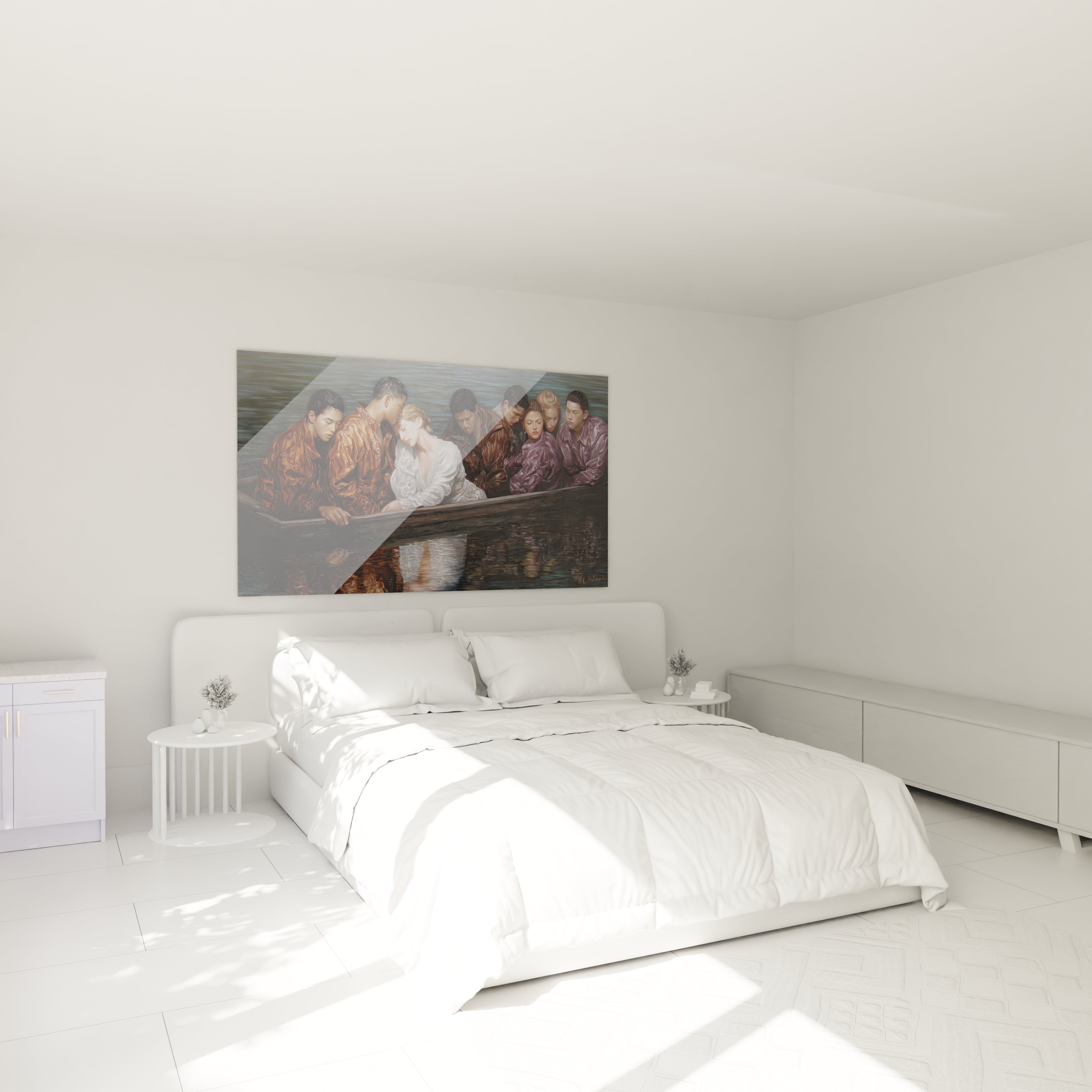 Tableau mural Walensky au dessus du lit blanc dans une chambre minimaliste tableau méditation collective hyperréalisme