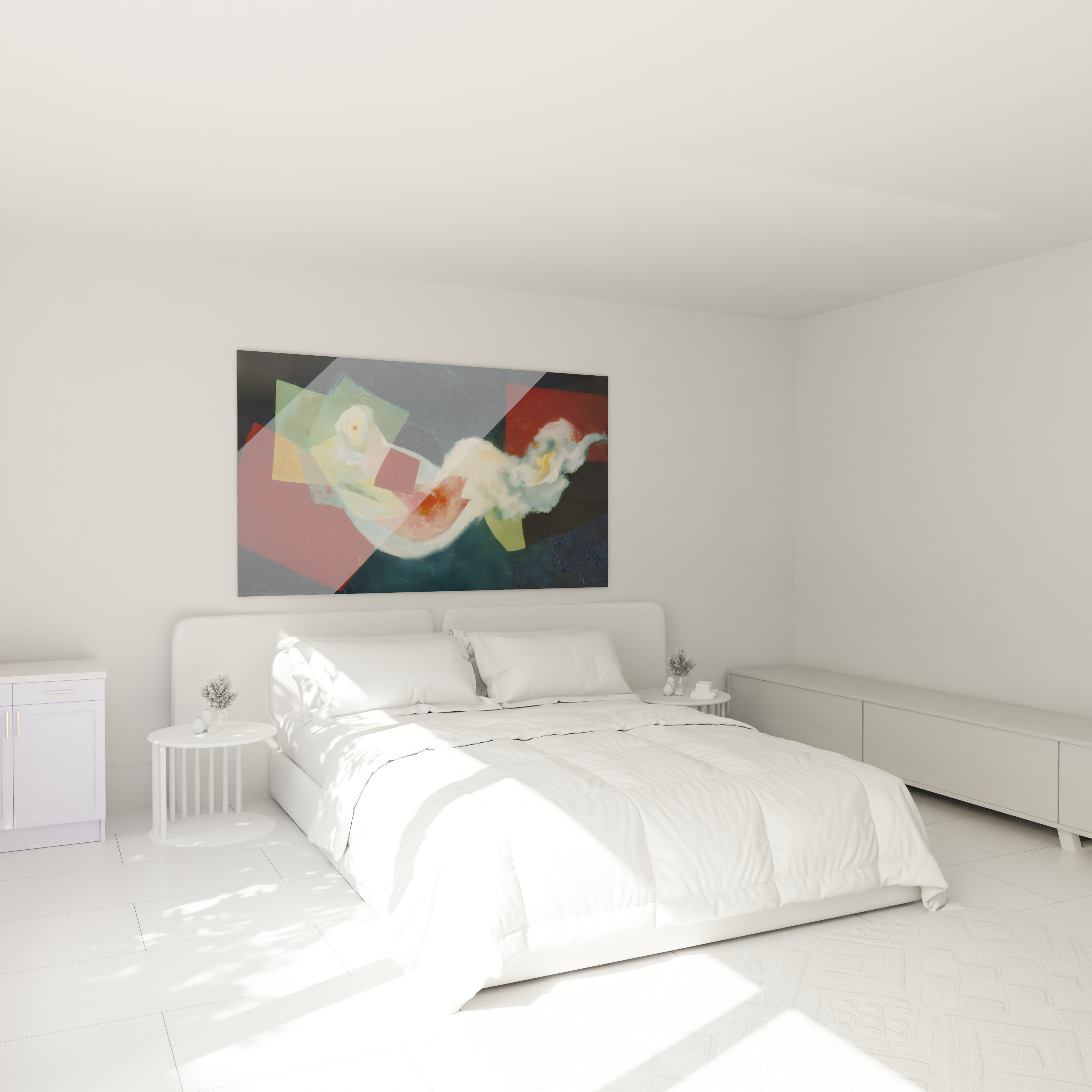 tableau abstrait cubiste Walensky accroche au mur d une chambre blanche moderne au dessus du lit minimaliste
