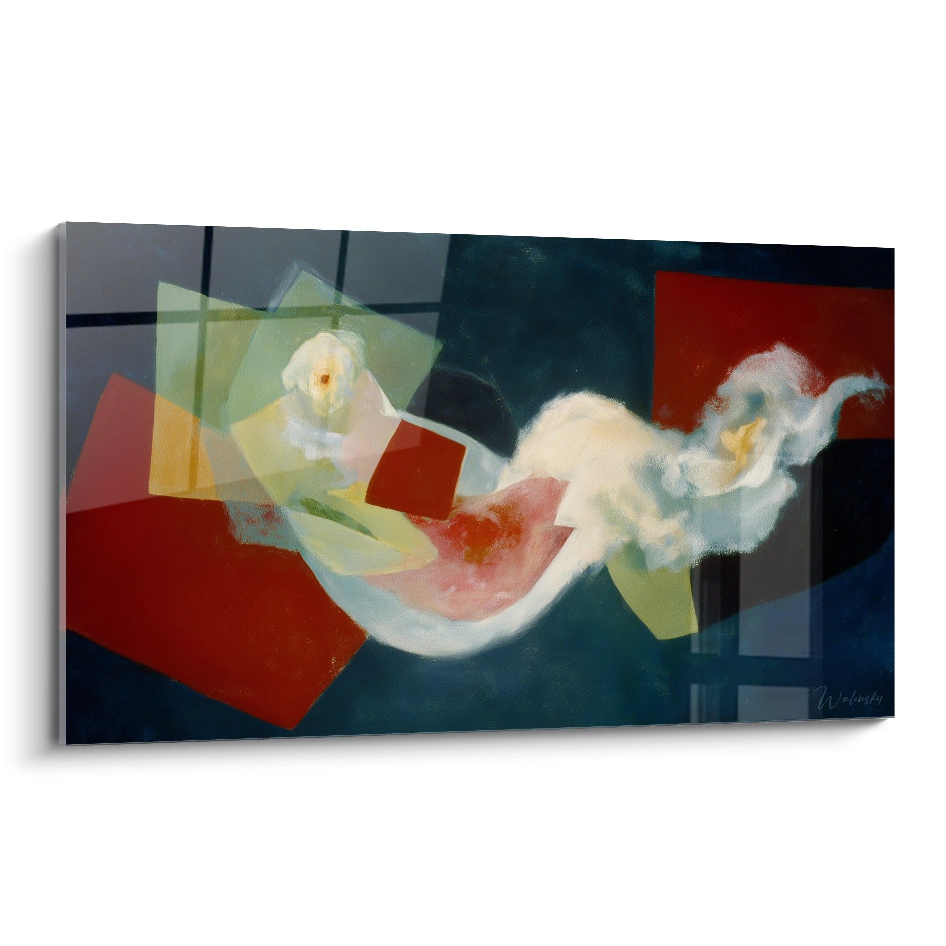 Tableau mural Walensky avec formes géométriques rouges et nuages blancs de peinture, tableau abstrait cubiste
