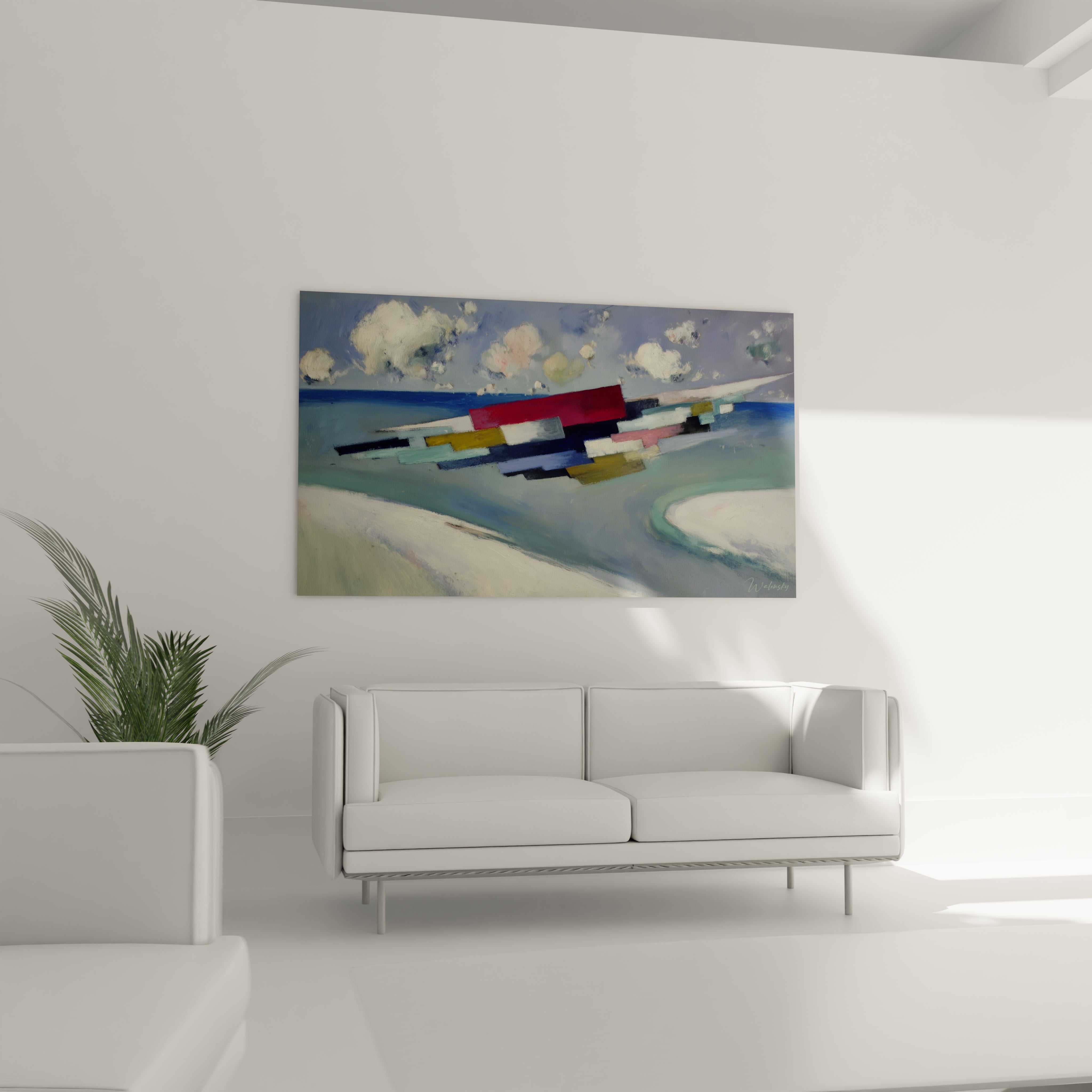 tableau abstrait dadaïsme Walensky au-dessus d'un canapé blanc, peinture géométrique colorée évoquant mer et ciel