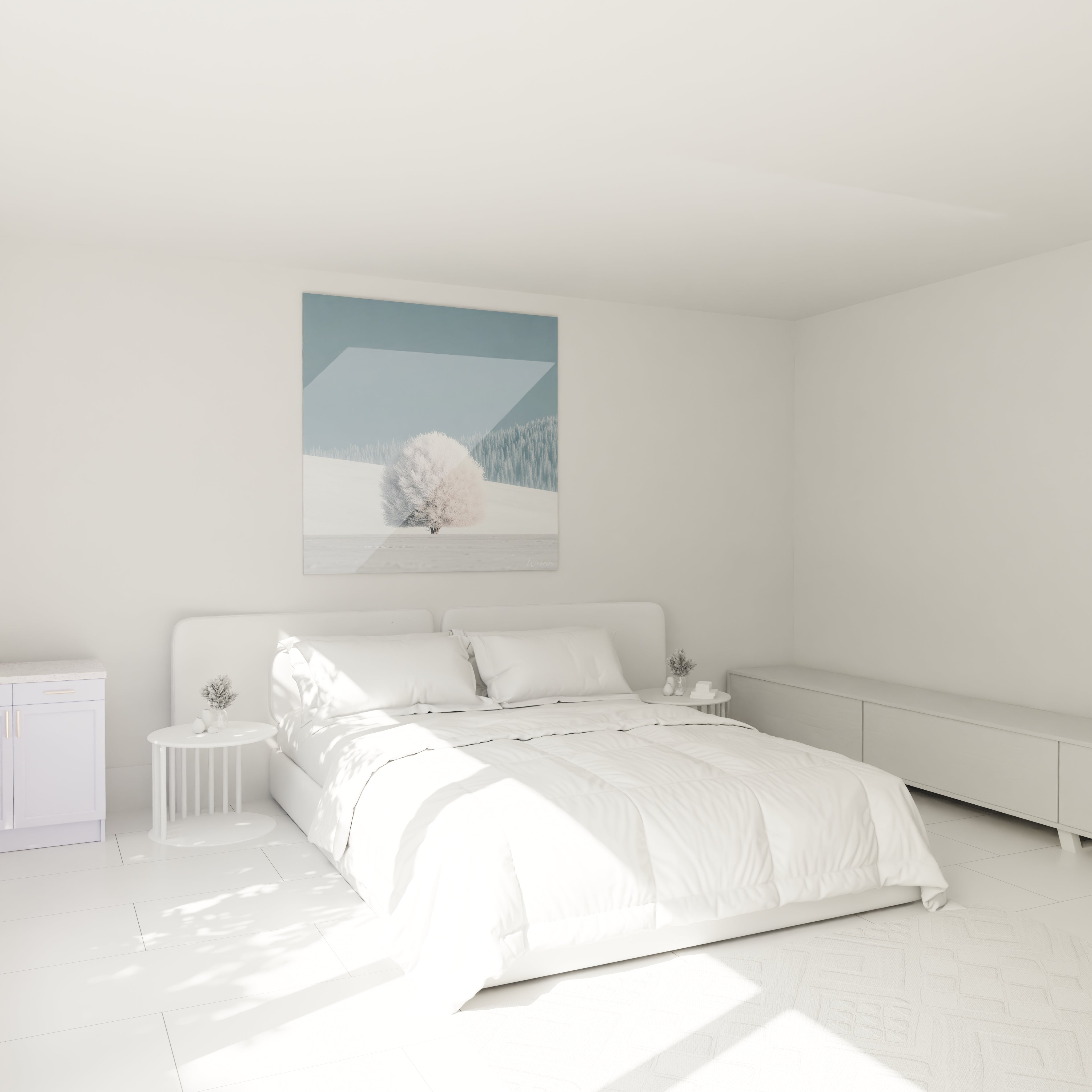 Tableau mural Walensky tableau arbre hivernal minimaliste accroché au dessus d un lit blanc dans une chambre lumineuse