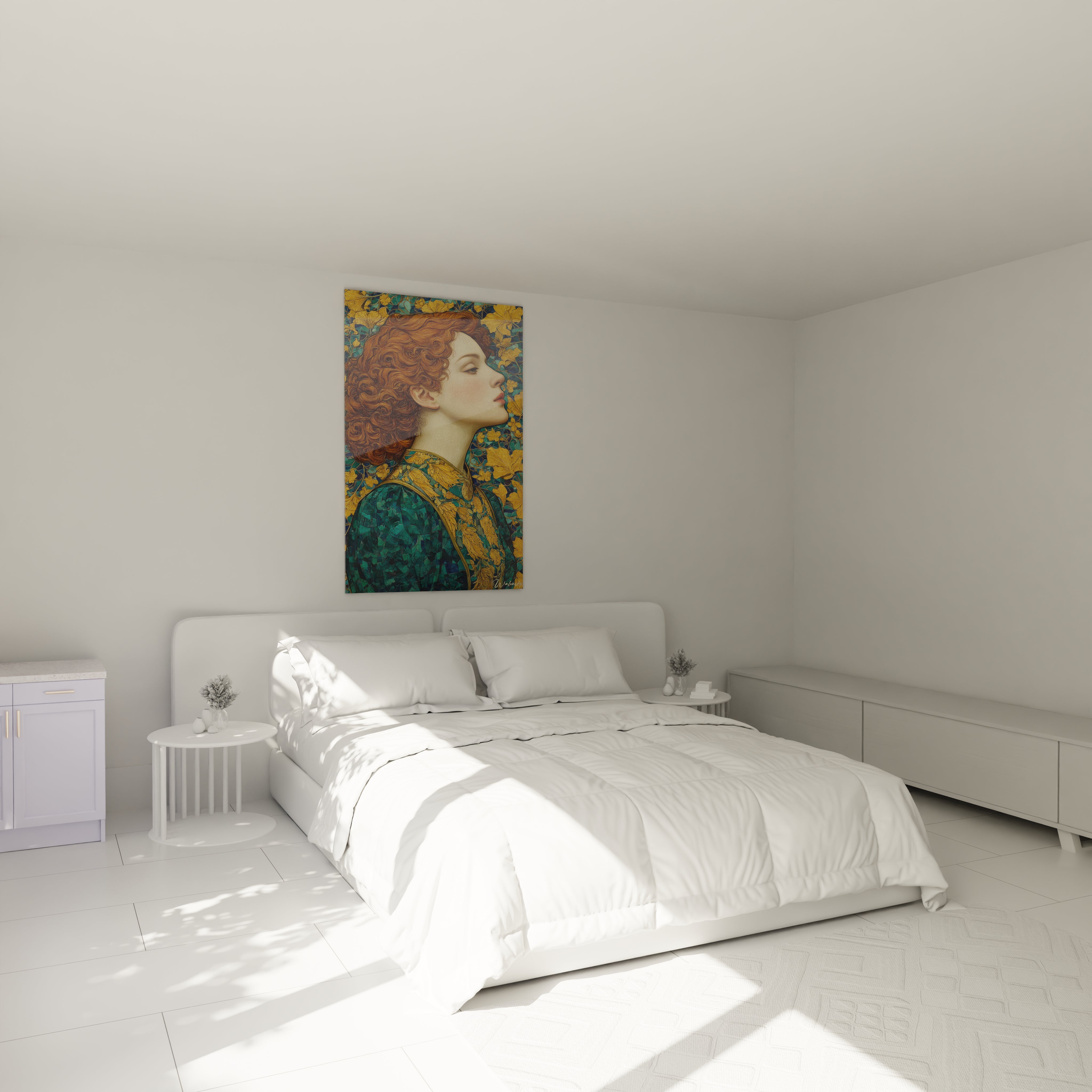 Walensky tableau art nouveau femme accroché au dessus d un lit blanc minimaliste dans une chambre lumineuse