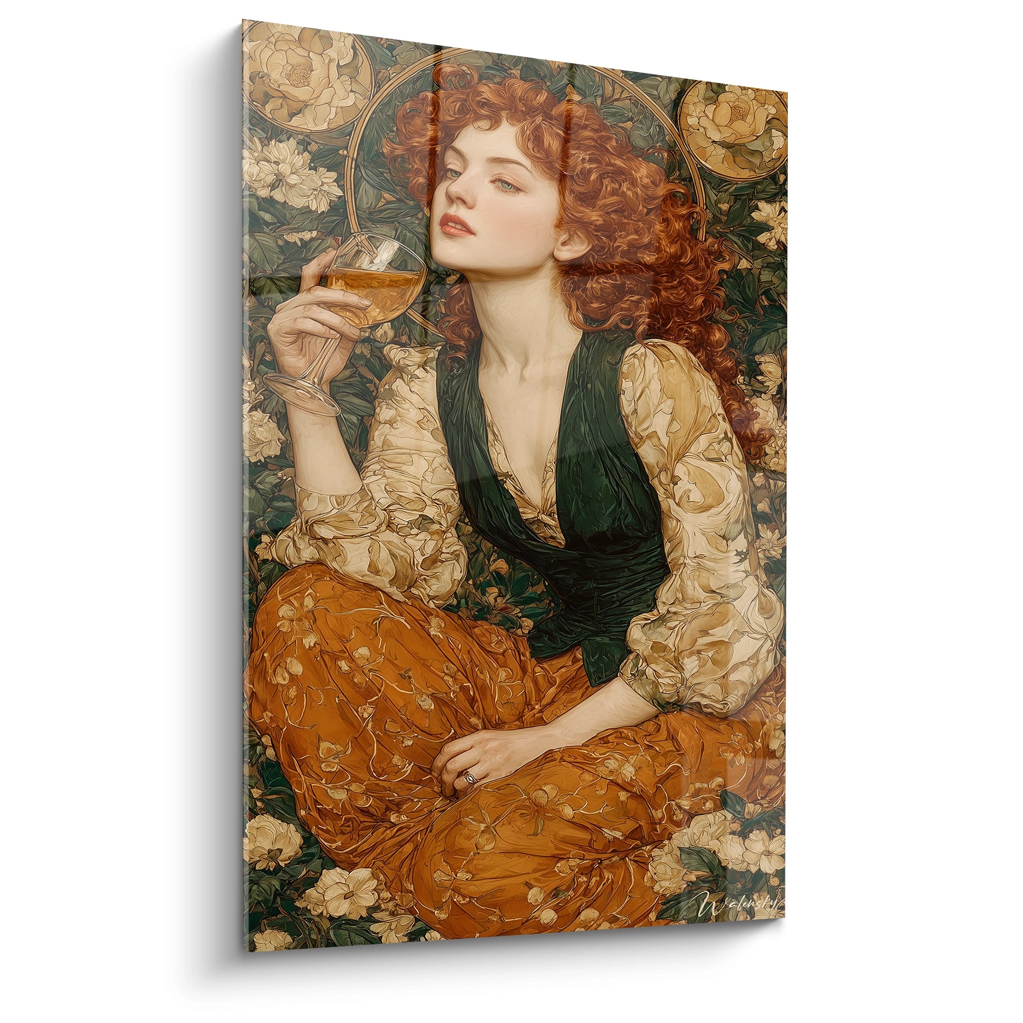 tableau art nouveau femme Walensky peinture murale femme rousse assise tenant un verre floral