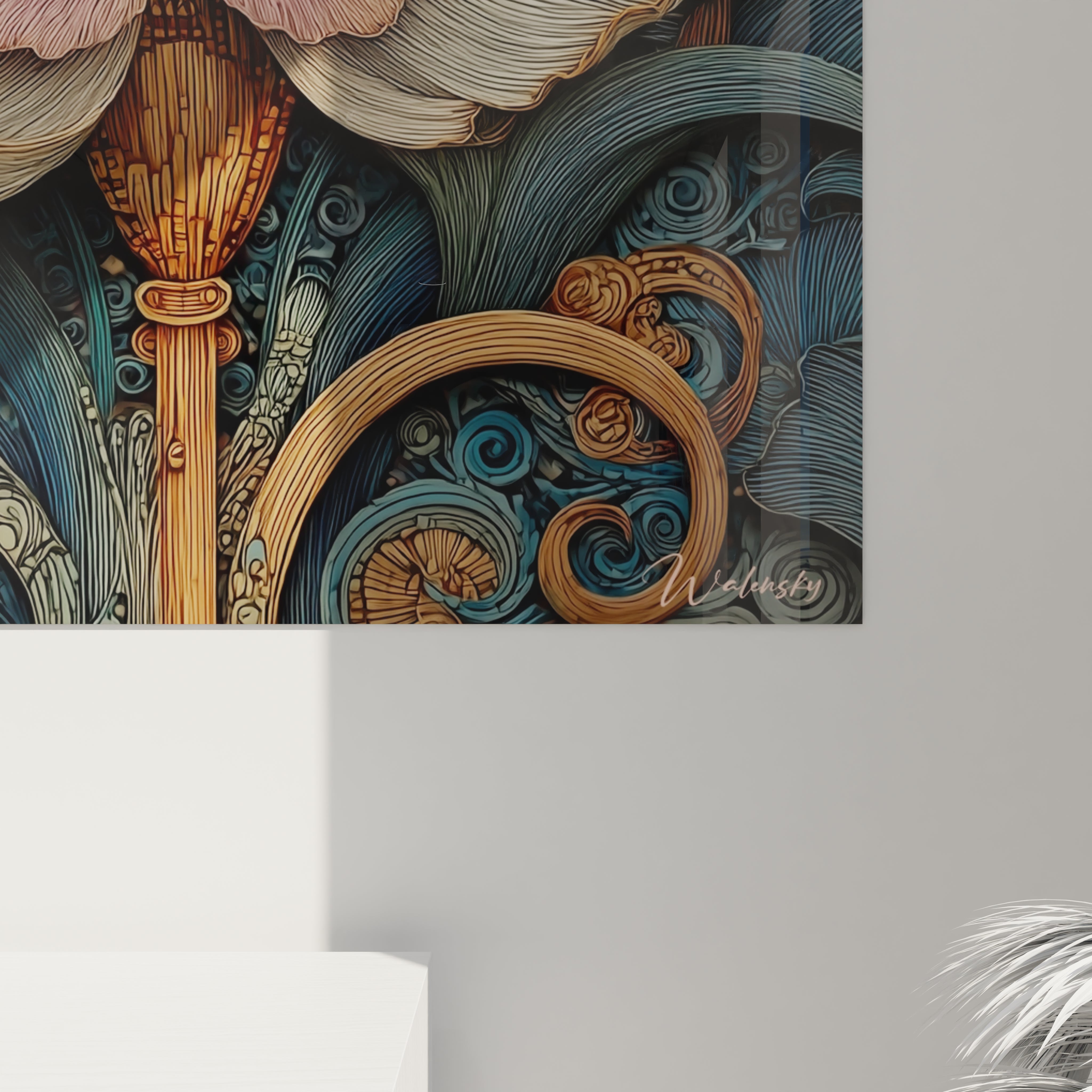 Tableau mural Walensky tableau art nouveau fleur doré et bleu arabesques décoratives pour salon