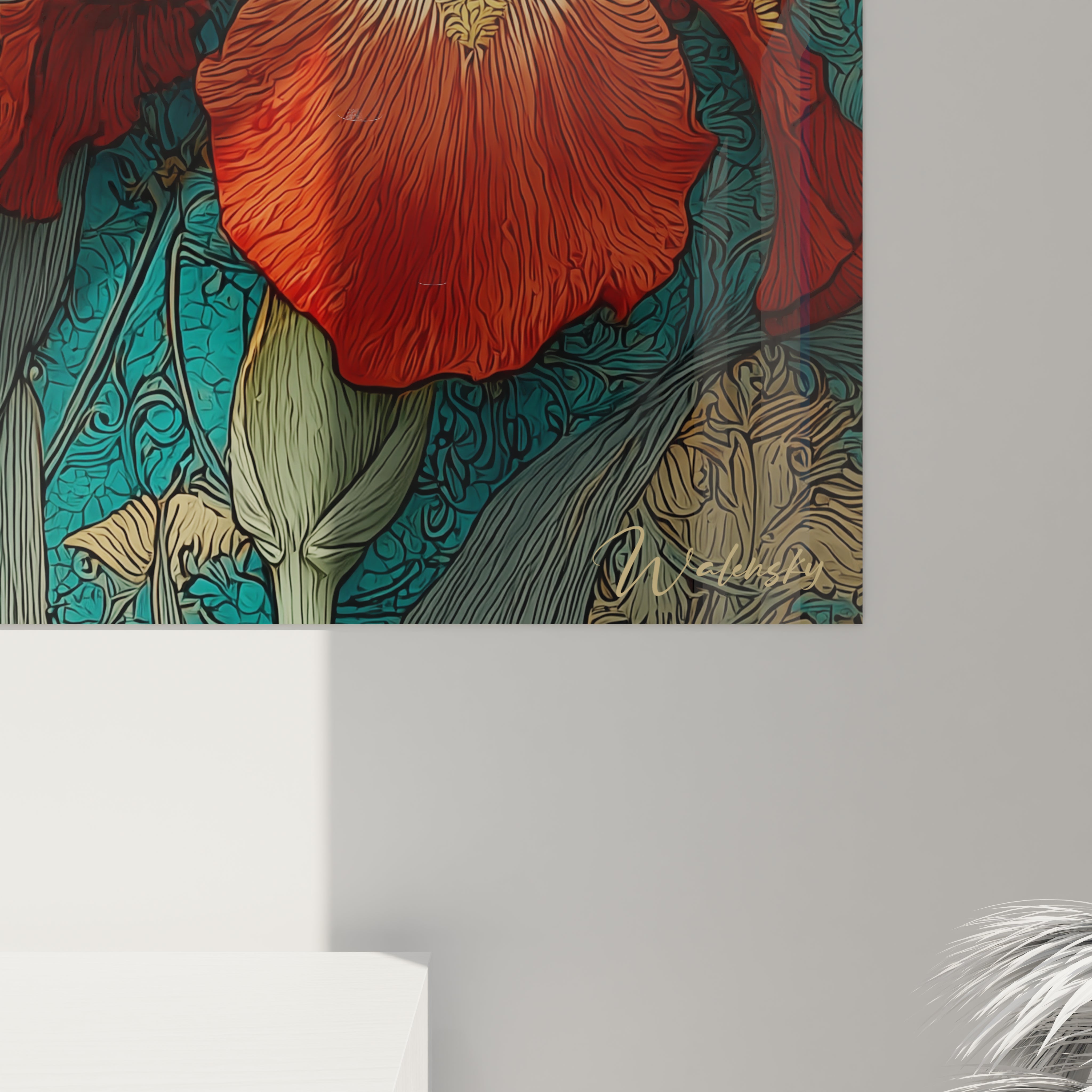 Tableau mural Walensky tableau art nouveau iris rouge et turquoise en gros plan décoratif