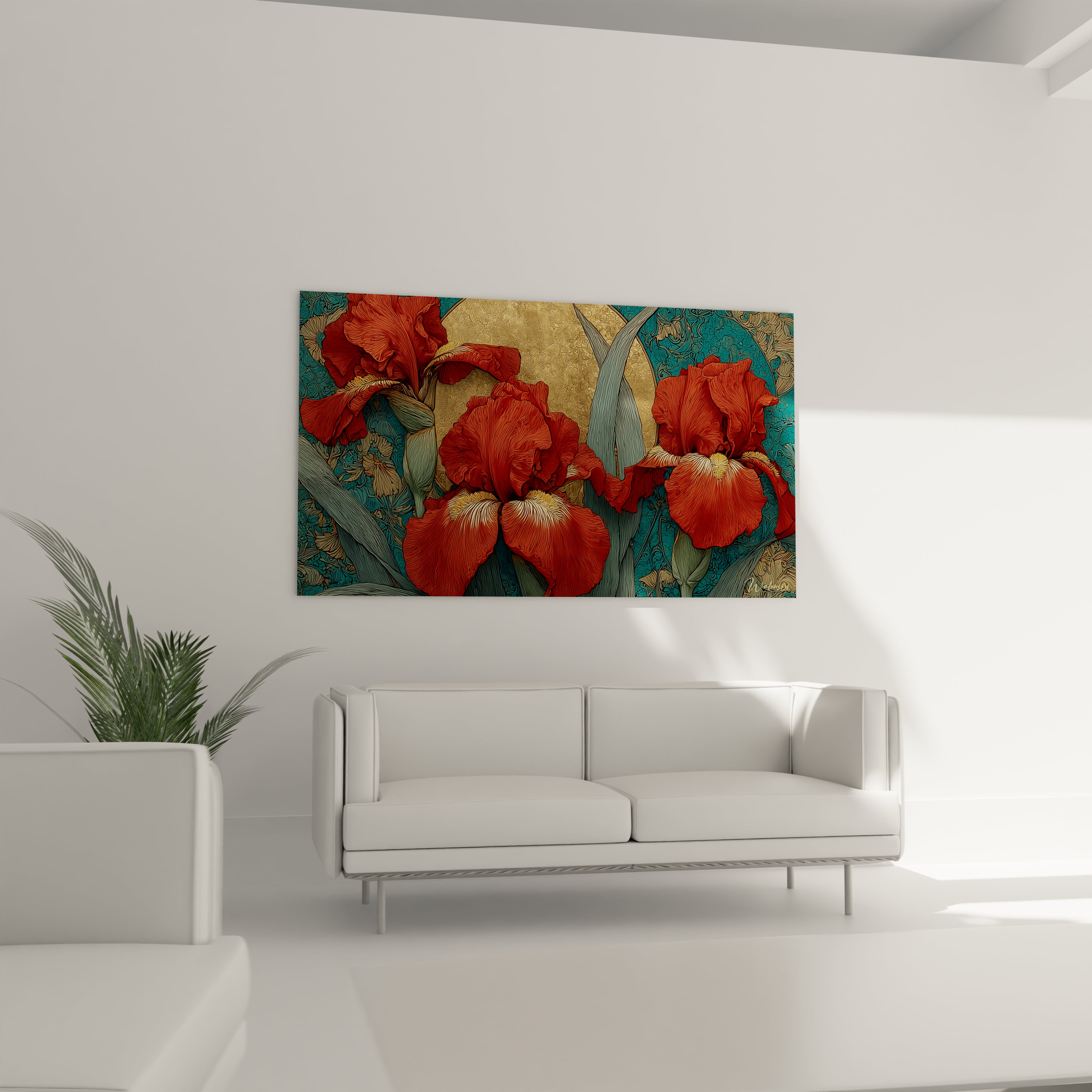 tableau art nouveau iris Walensky affiché au dessus d un canapé blanc avec iris rouges sur fond turquoise et or