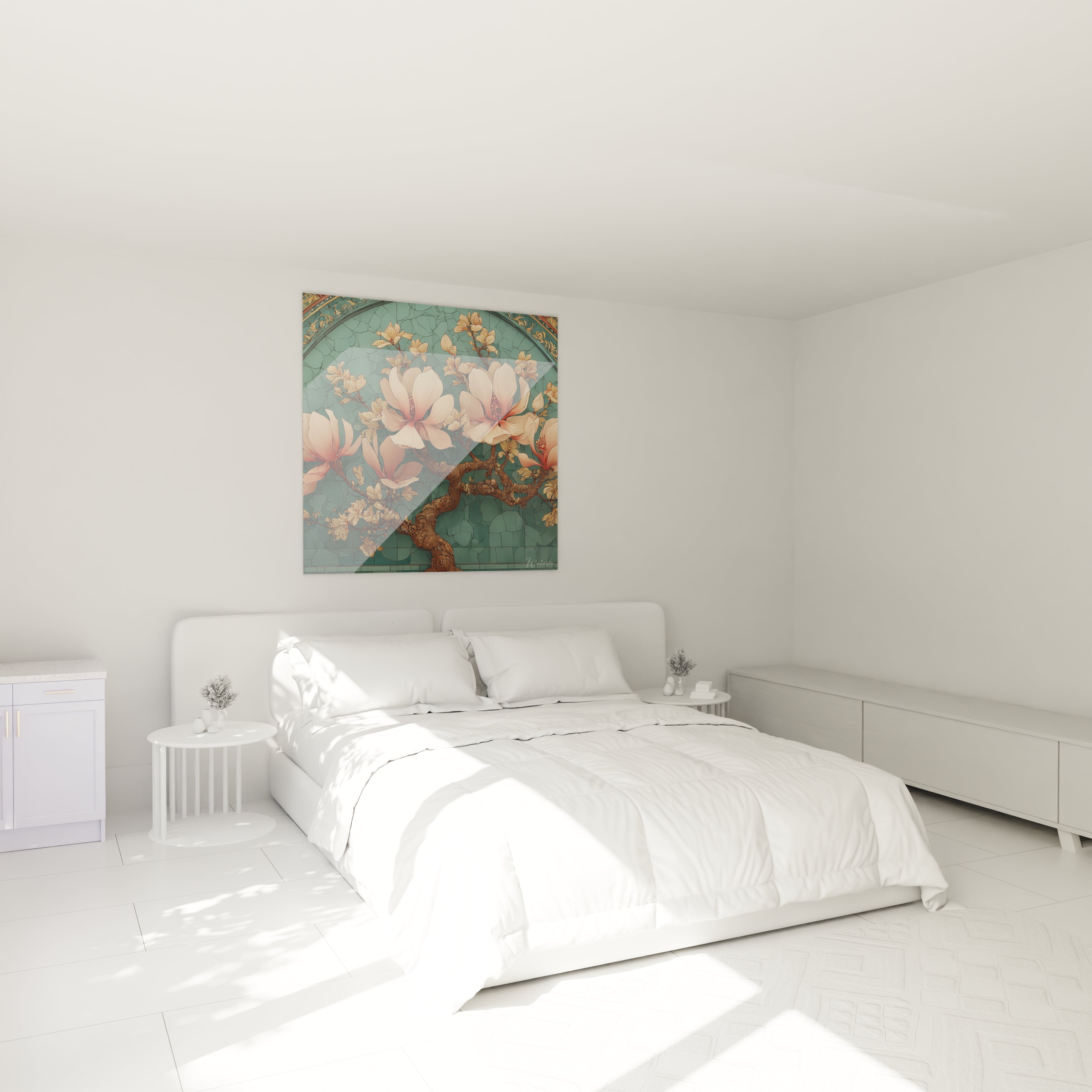 tableau art nouveau magnolia Walensky accroche au mur au dessus d un lit dans une chambre blanche minimaliste