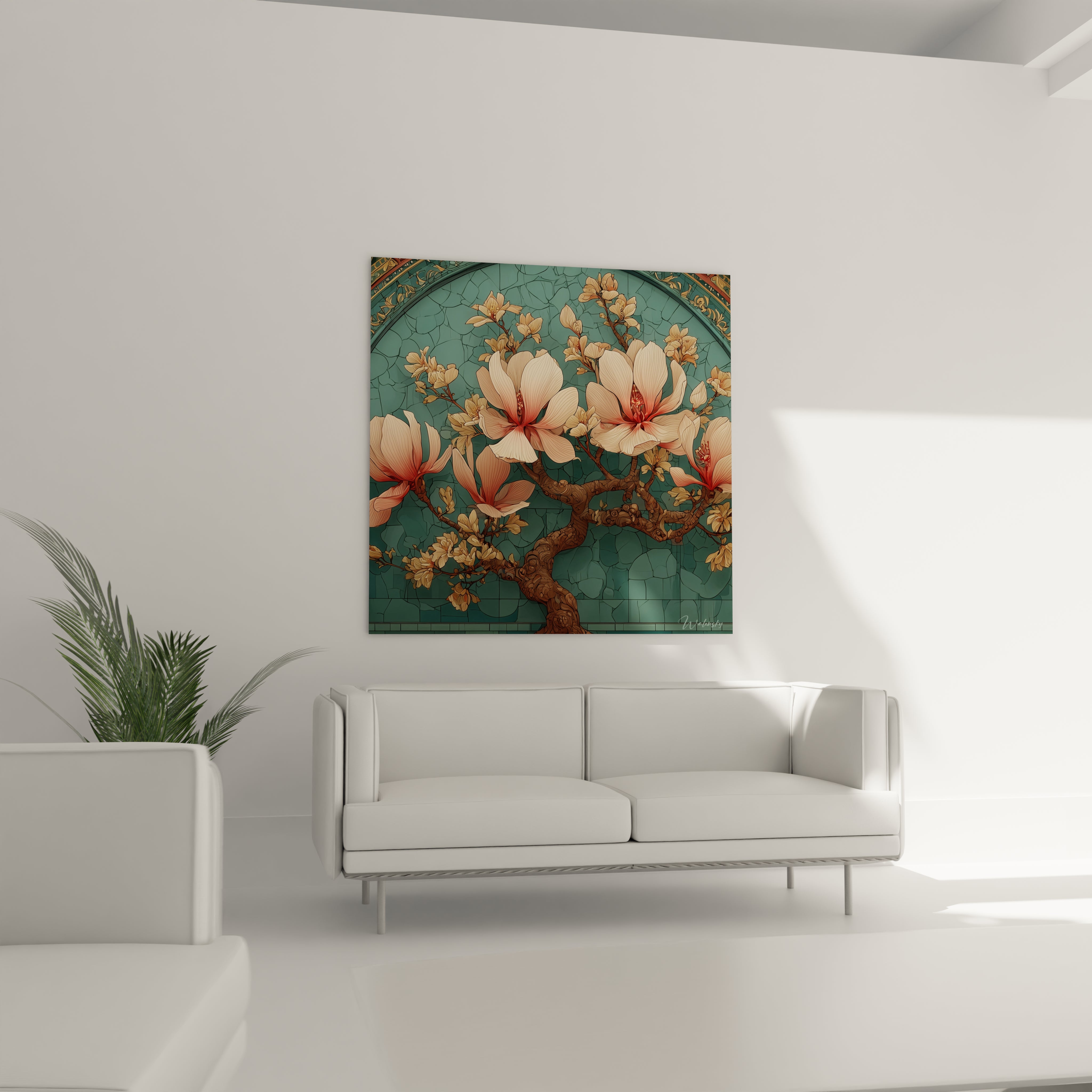 tableau art nouveau magnolia Walensky tableau mural carre avec branche de magnolia blanc et fleurs sur fond turquoise