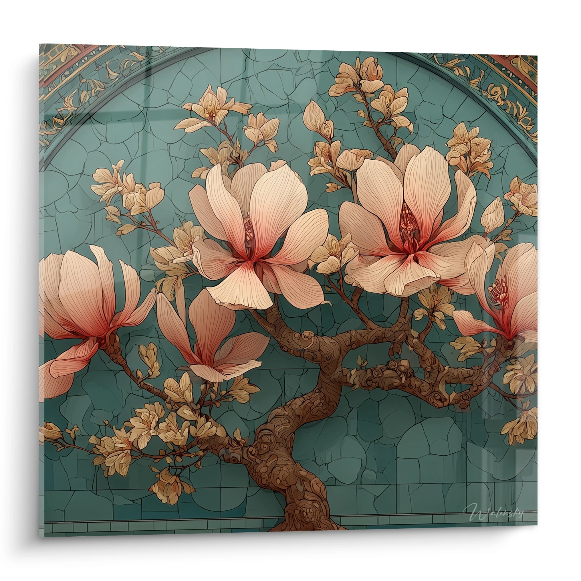Tableau mural Walensky présentant un tableau art nouveau magnolia sur fond turquoise avec branches détaillées