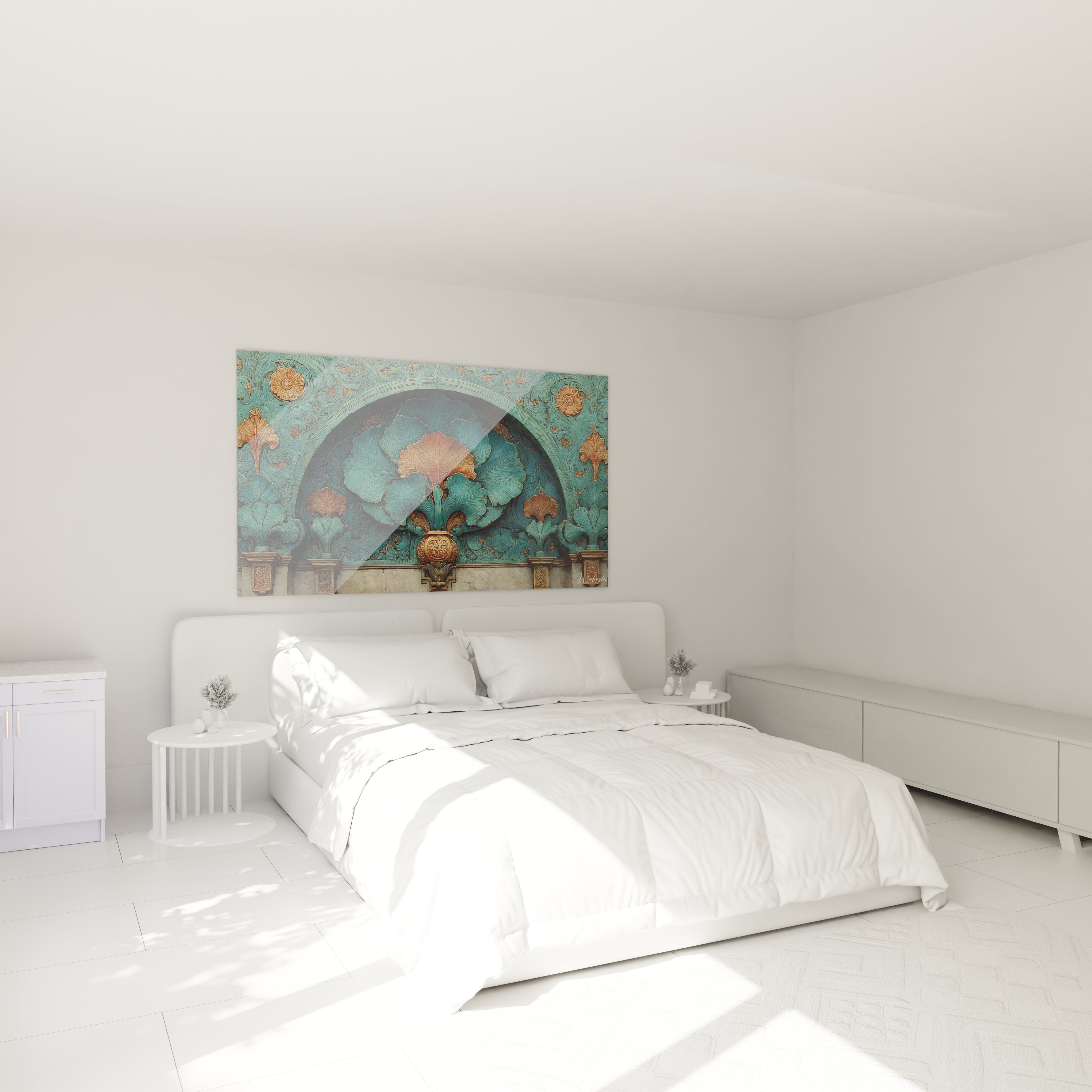 tableau art nouveau mural Walensky dans une chambre lumineuse minimaliste motifs floraux turquoise et doré