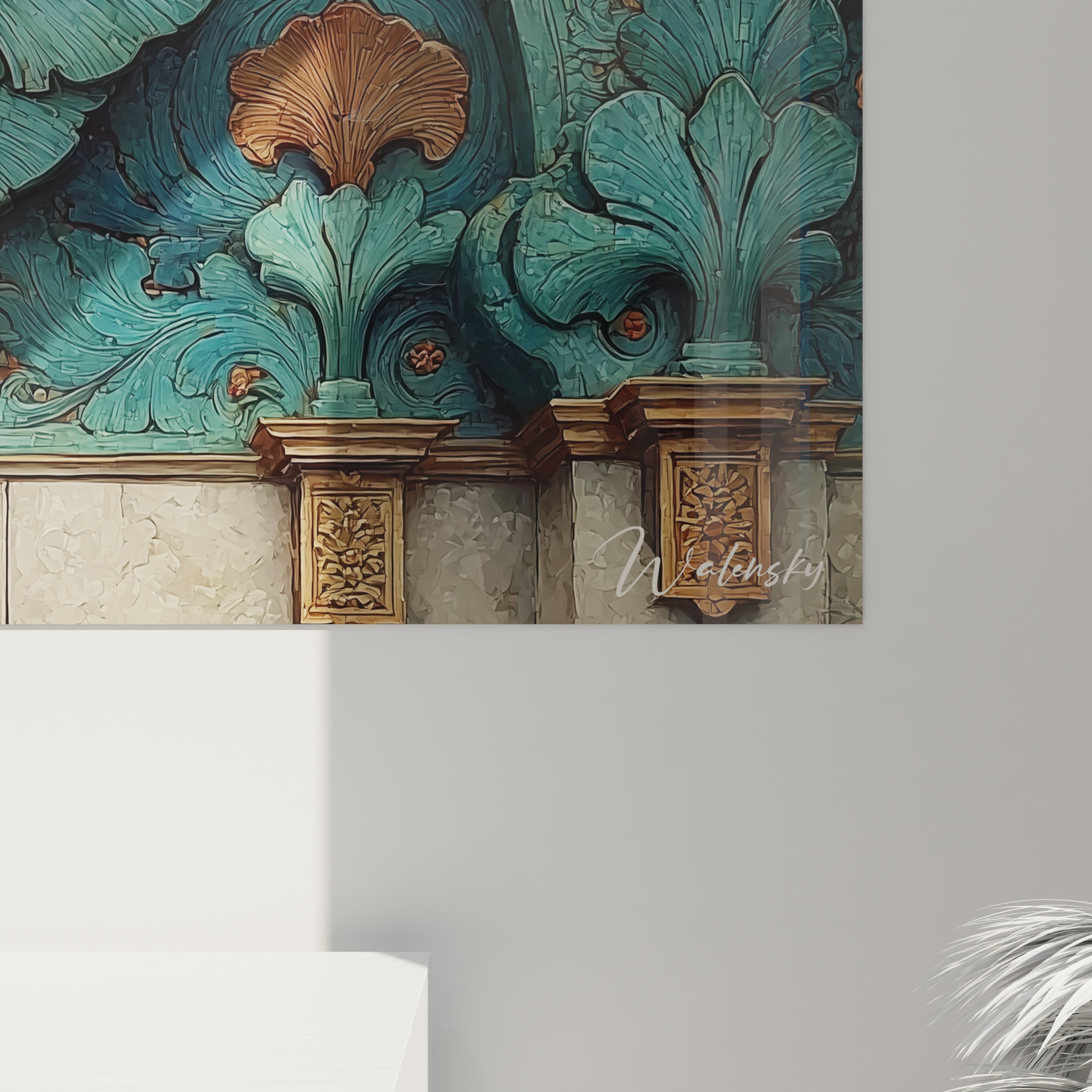 tableau art nouveau mural Walensky avec motifs végétaux verts et ornements dorés pour décoration murale élégante