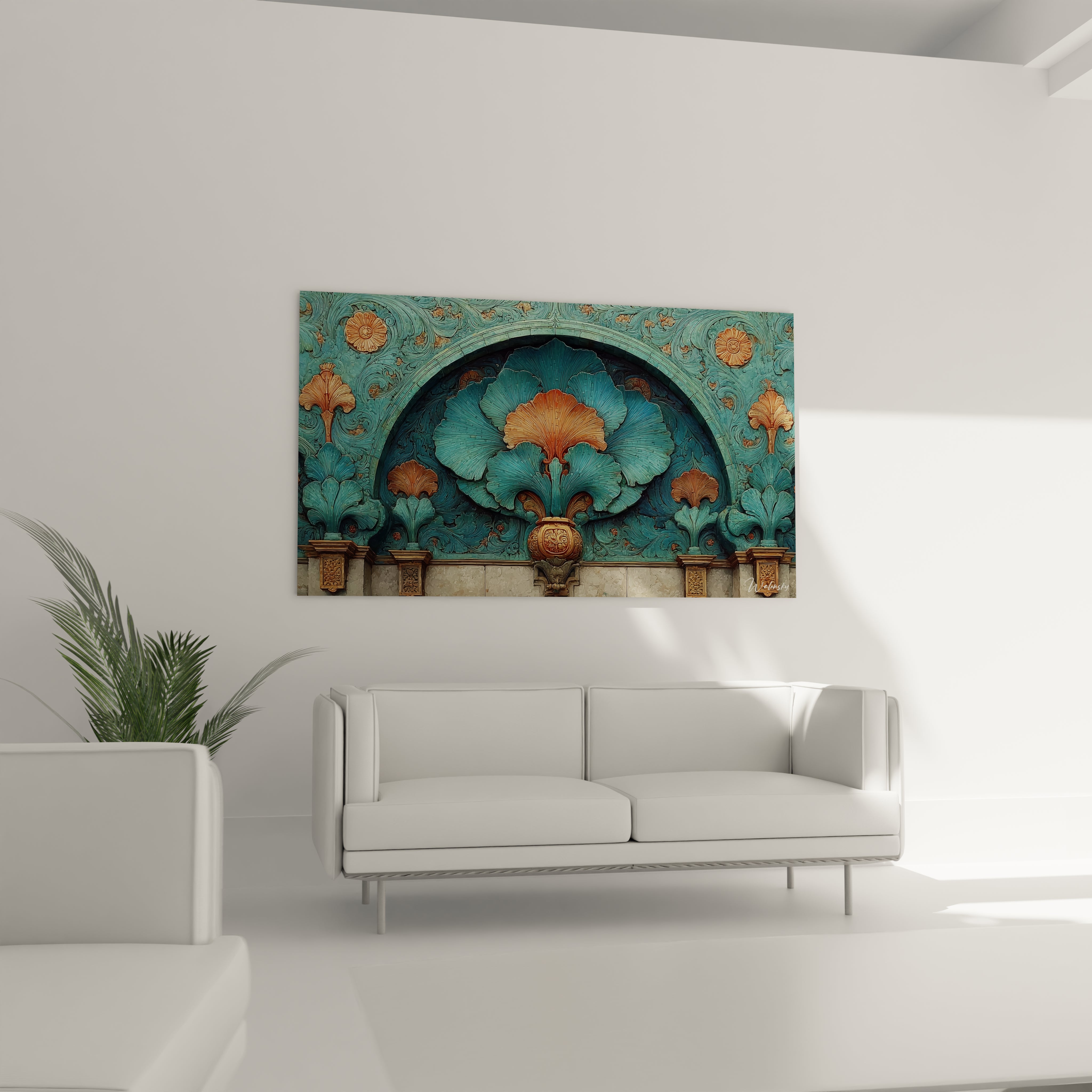 tableau art nouveau mural Walensky décor floral turquoise et orange panneau décoratif au dessus d un canapé blanc salon moderne