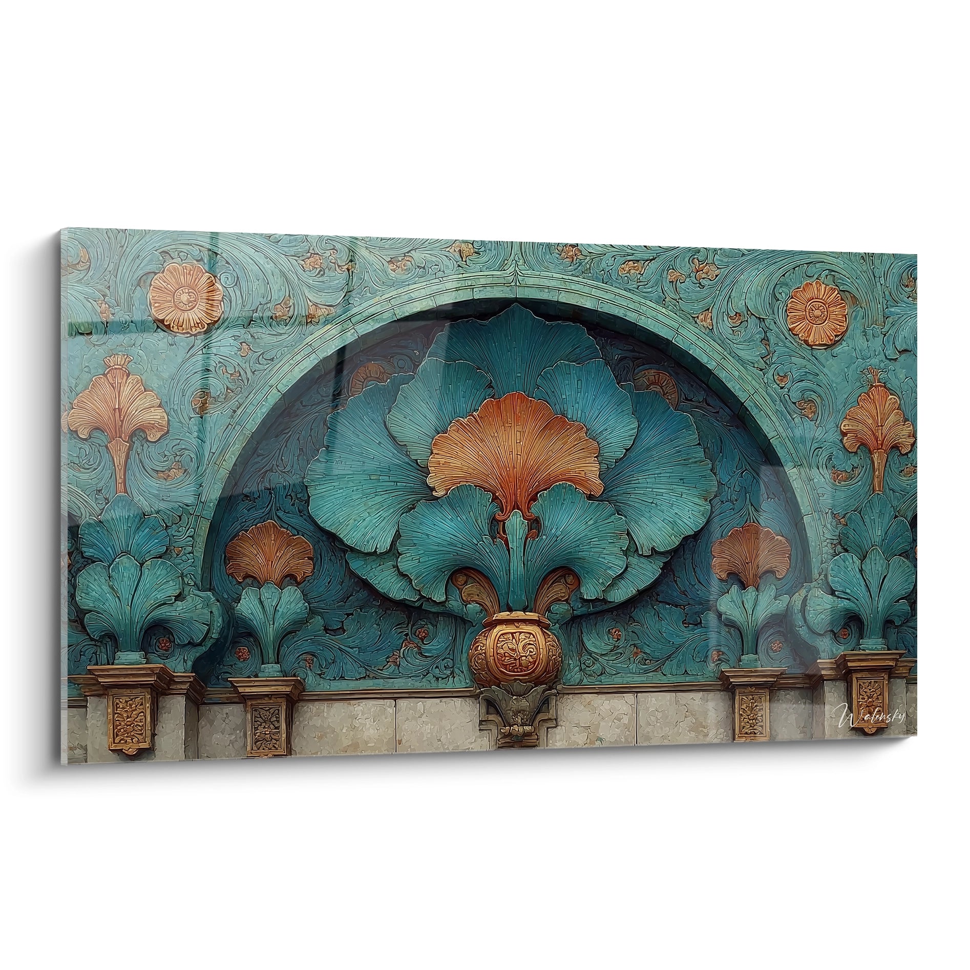 Tableau art nouveau mural Walensky présentant un ornement floral turquoise et cuivre toile prête à accrocher