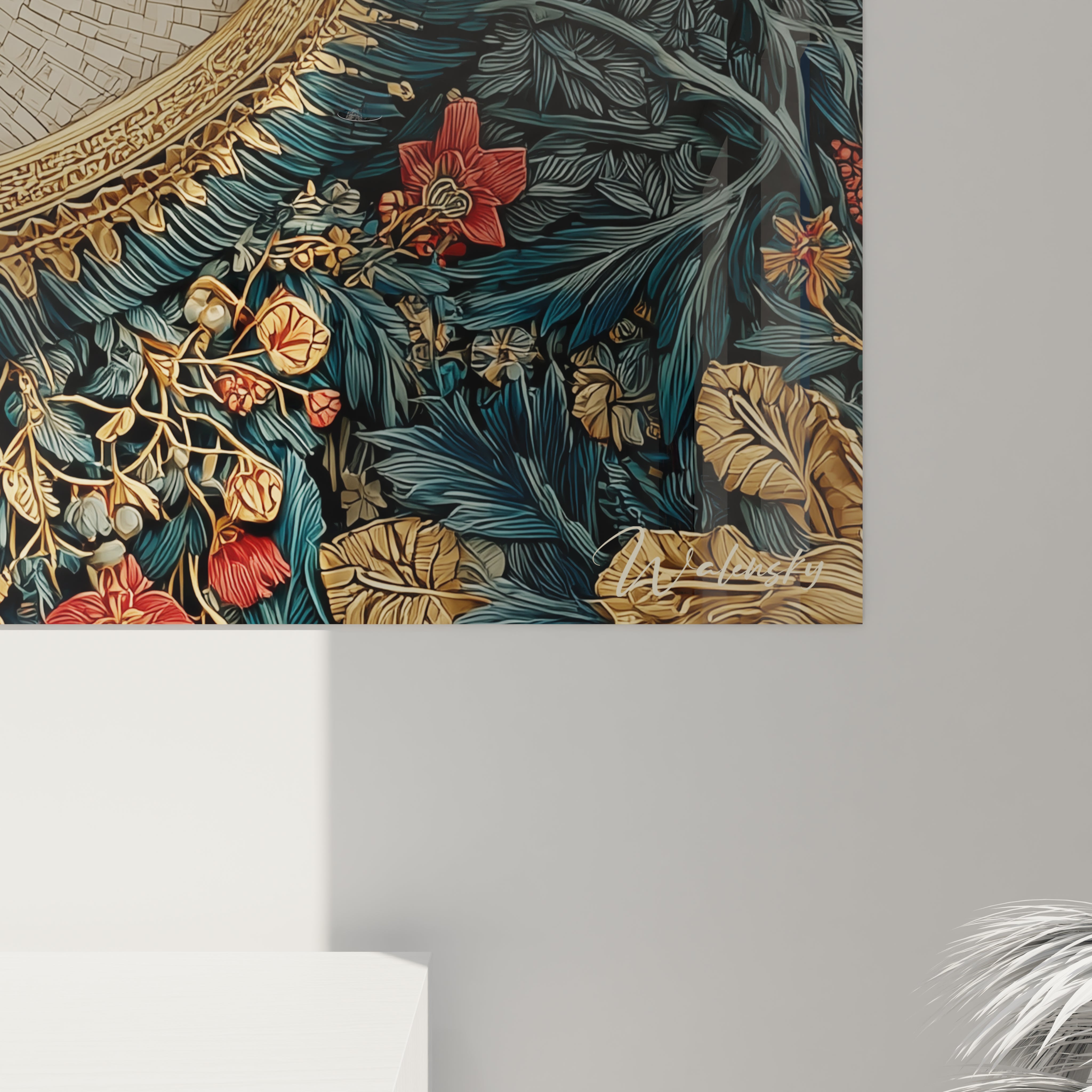 tableau art nouveau œil Walensky tableau mural décoratif floral bleu et or avec feuillage détaillé