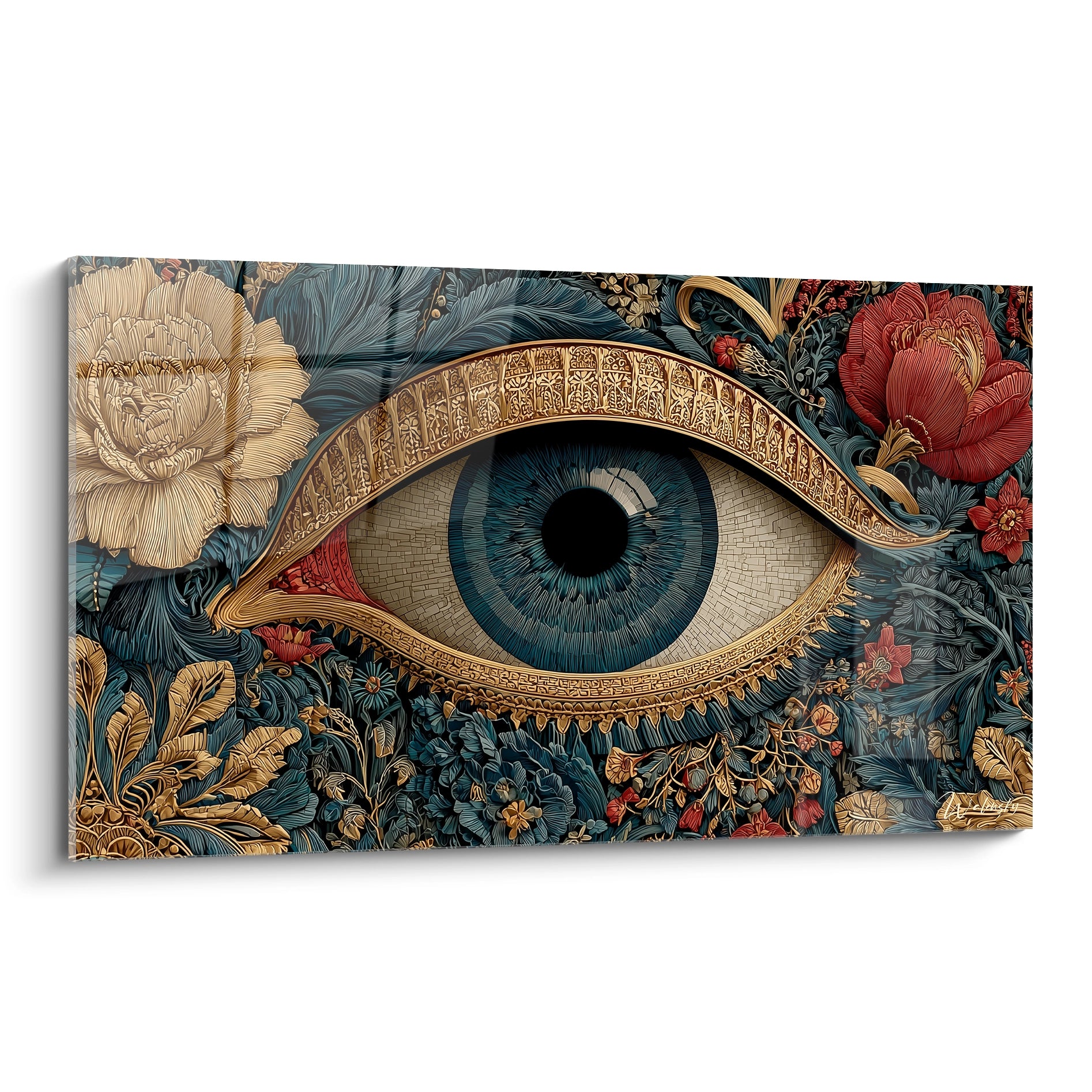 Walensky tableau art nouveau œil bleu avec détails dorés et fleurs décoratives sur toile murale