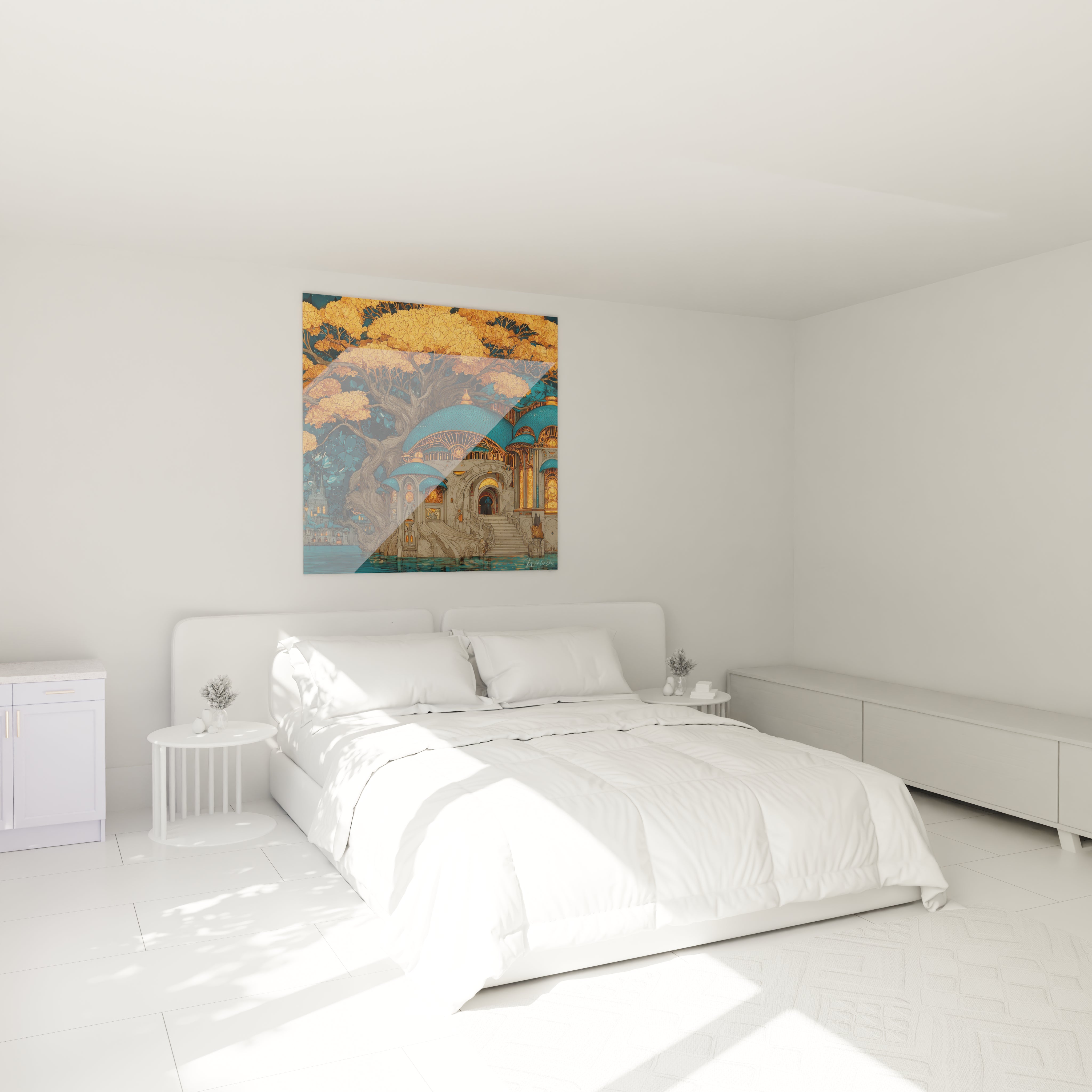 Chambre minimaliste blanche avec lit double et tableau art nouveau palais coloré accroché au dessus du lit