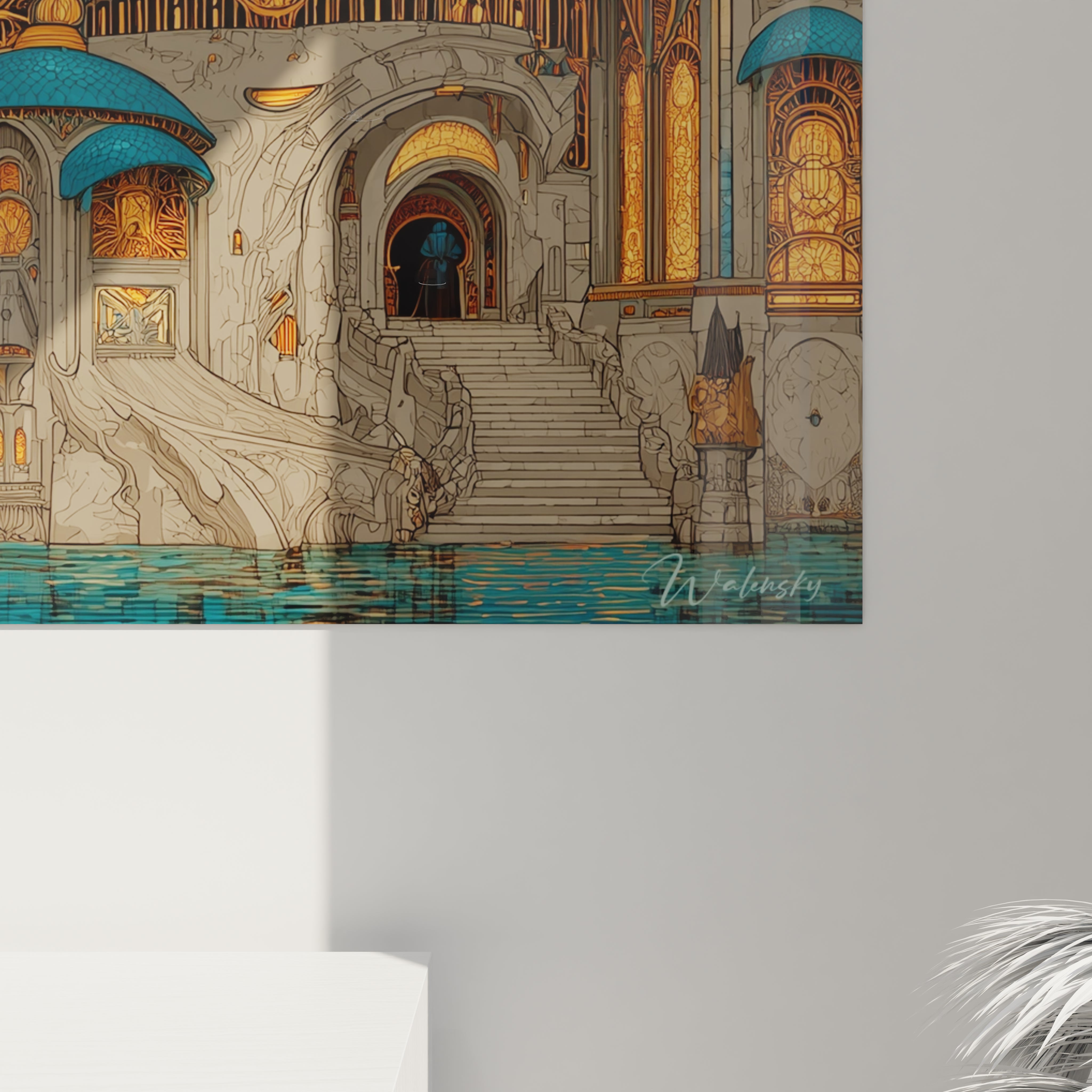 tableau art nouveau palais Walensky montrant un grand escalier en marbre vitraux dores et bassin turquoise