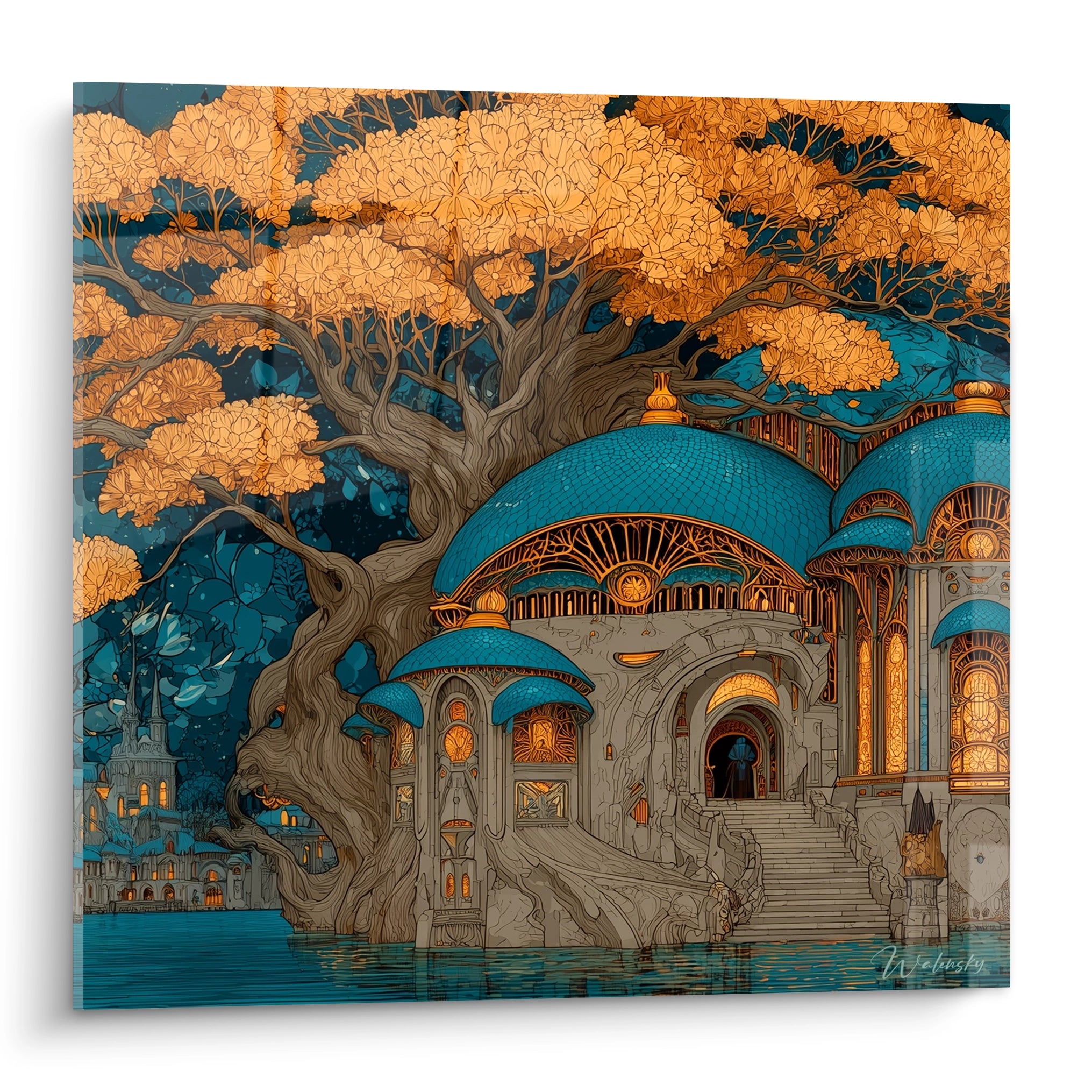 tableau art nouveau palais Walensky montrant un palais bleu avec toits en dome et grands arbres dores au bord de l eau