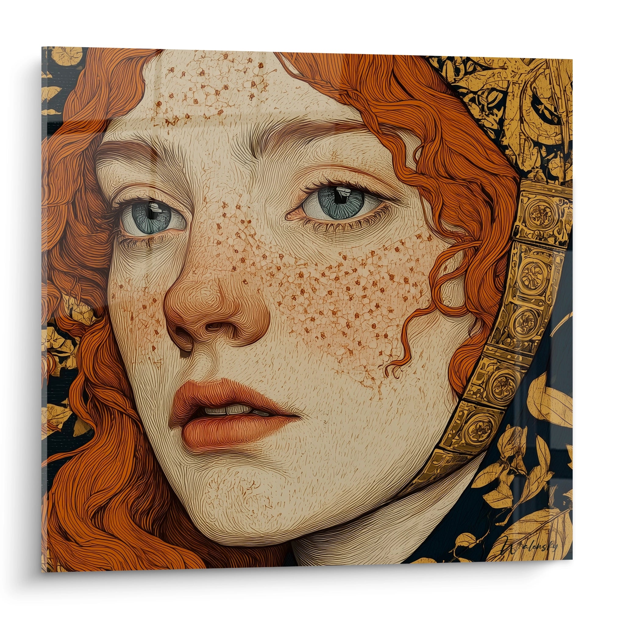 Tableau mural Walensky tableau art nouveau portrait d'une femme aux cheveux roux, taches de rousseur et ornement doré