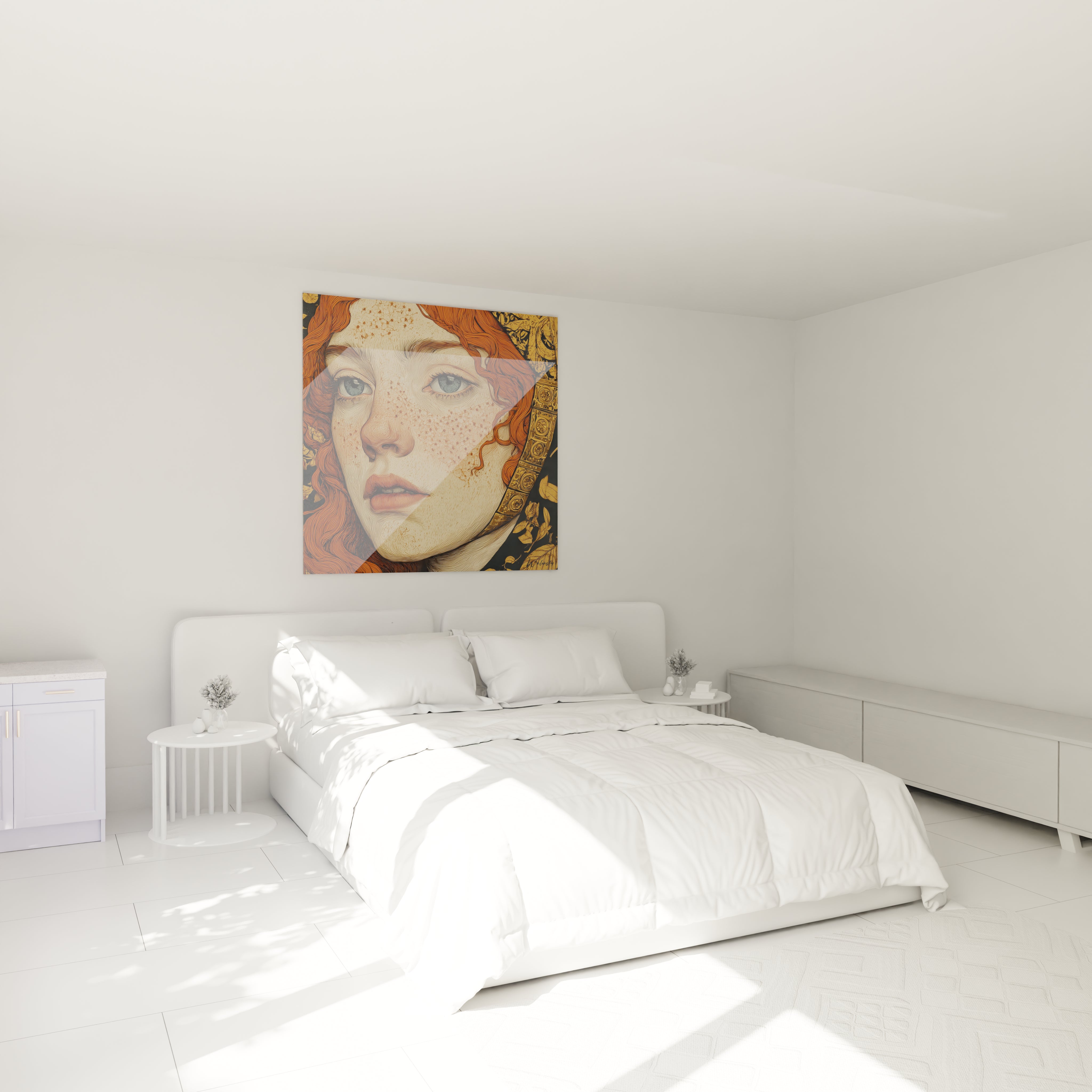 Walensky tableau mural tableau art nouveau portrait femme rousse aux taches de rousseur au dessus d un lit blanc minimaliste