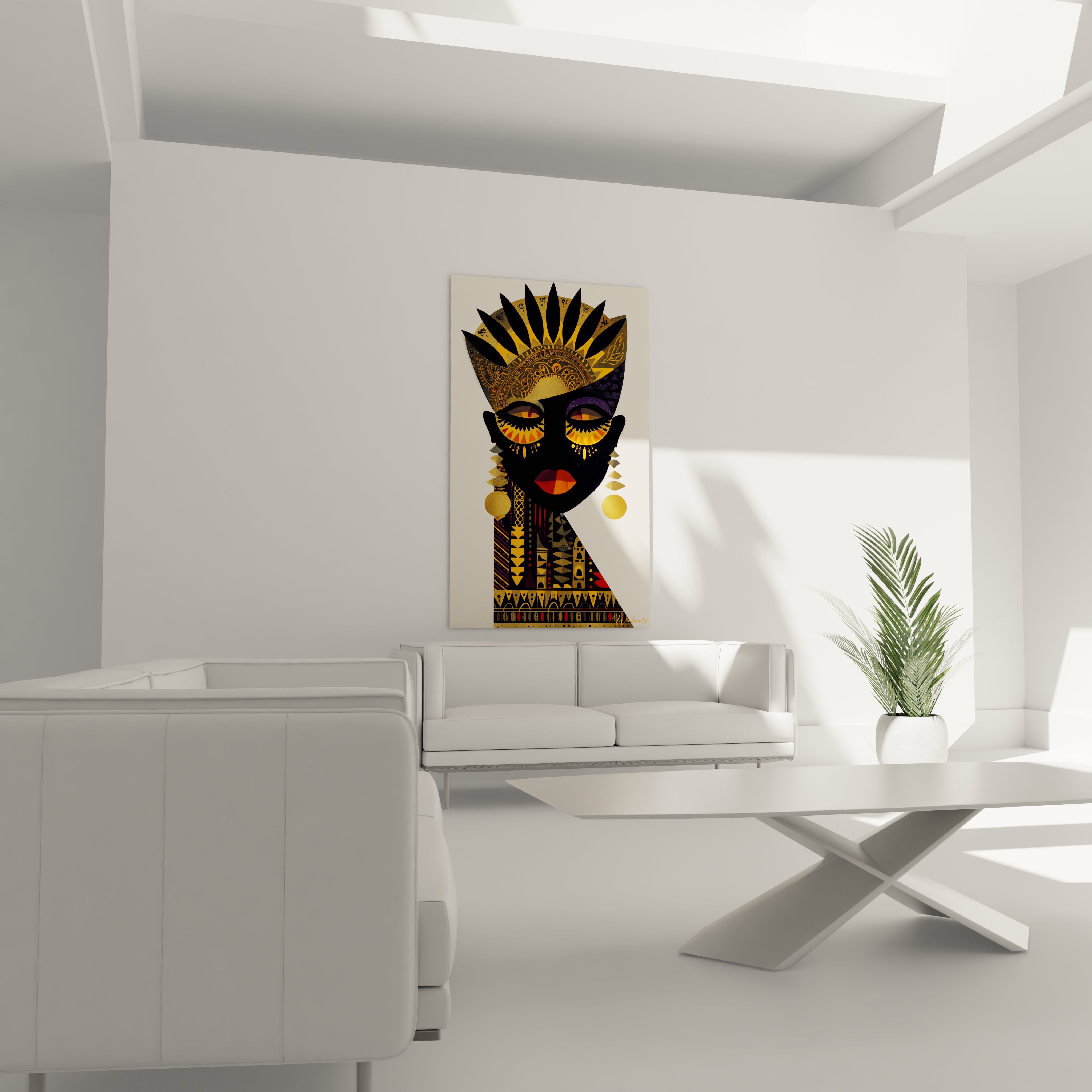 Walensky tableau art tribal africain grand portrait de masque noir et or sur toile murale dans un salon moderne