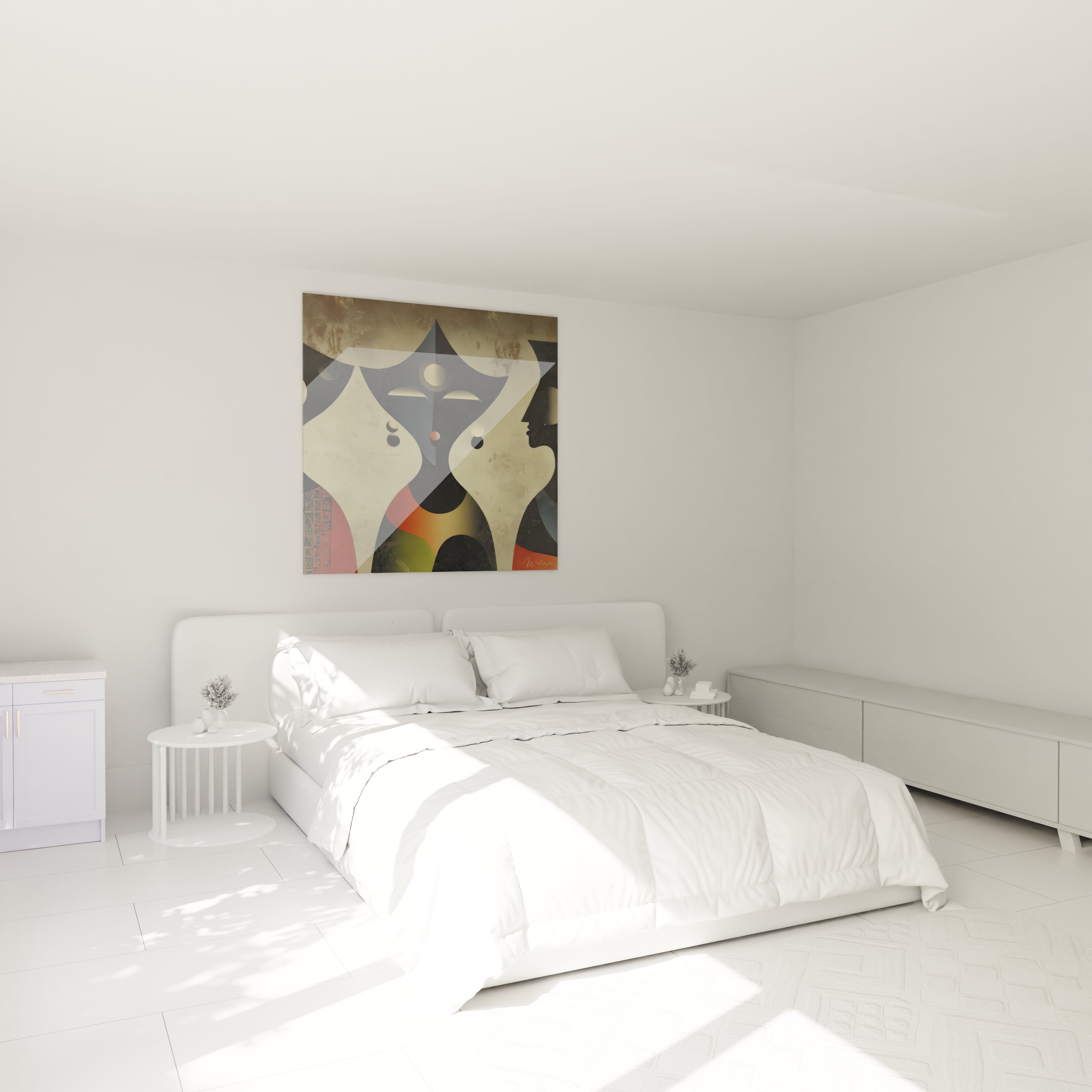 tableau art tribal Walensky mural abstrait de visages ethniques accroche au dessus d un lit blanc minimaliste