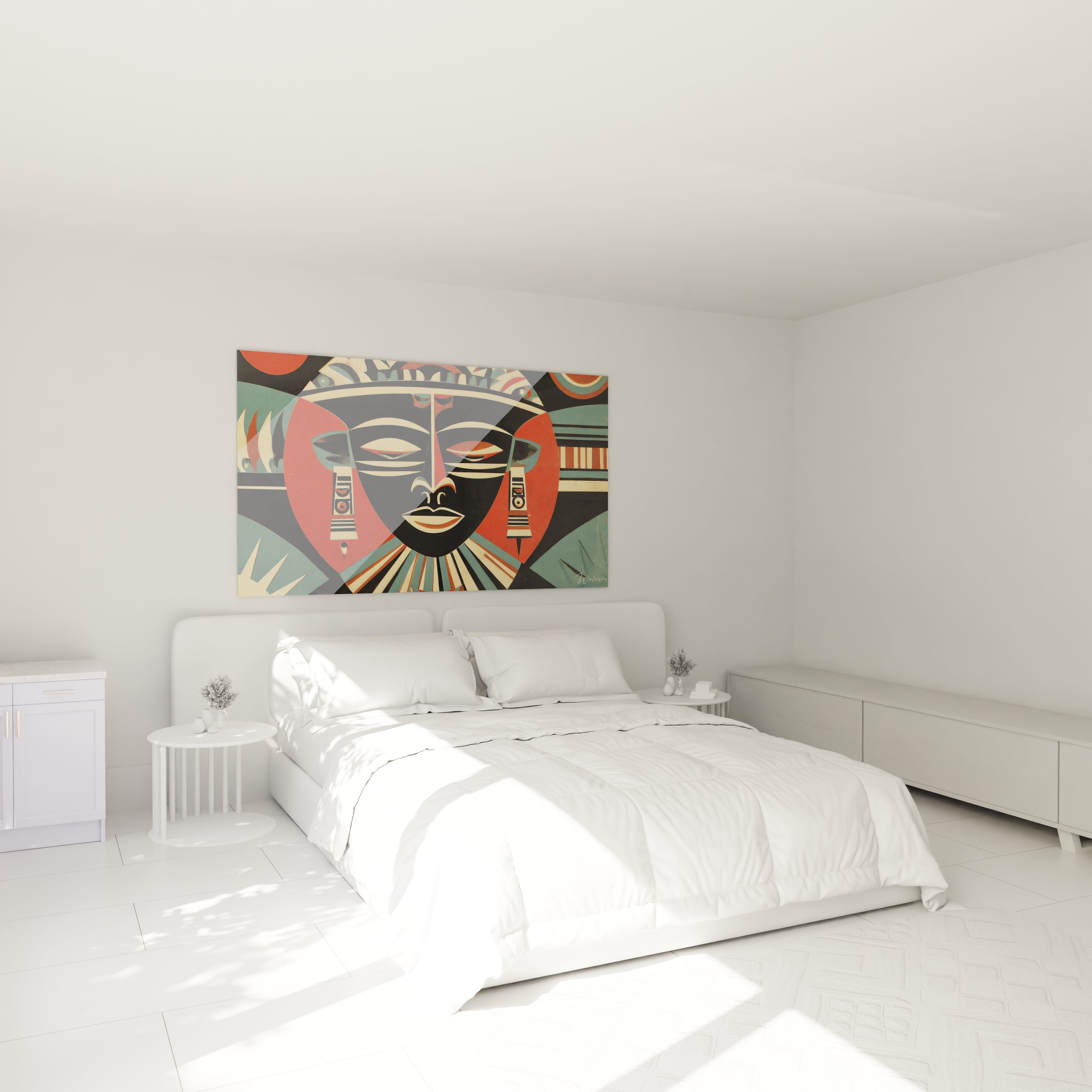 tableau art tribal contemporain Walensky suspendu au dessus d un lit double dans chambre minimaliste blanche